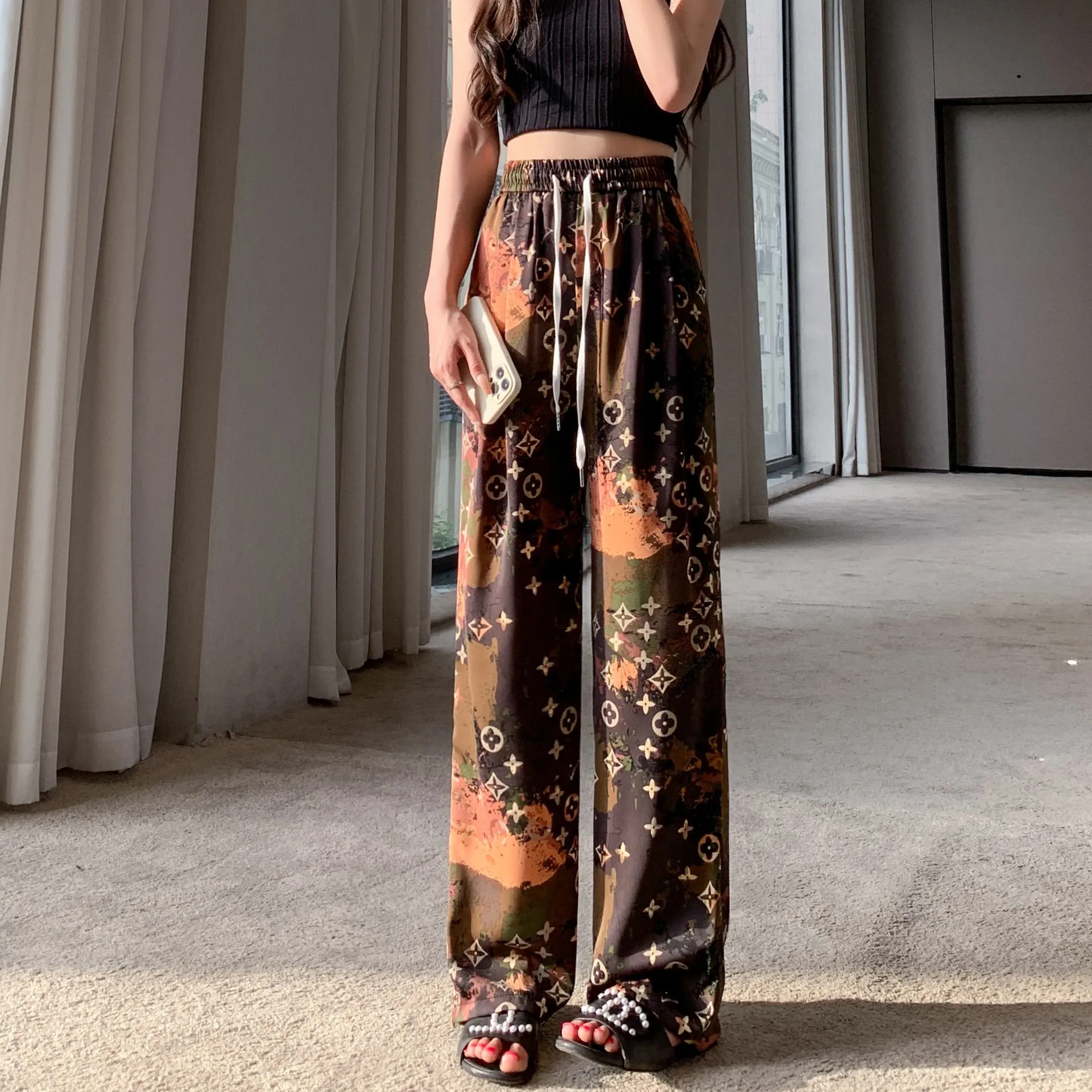 Casual Straight Draping Chiffon Floor-Length Print Thin Silky Sun Protection Pants