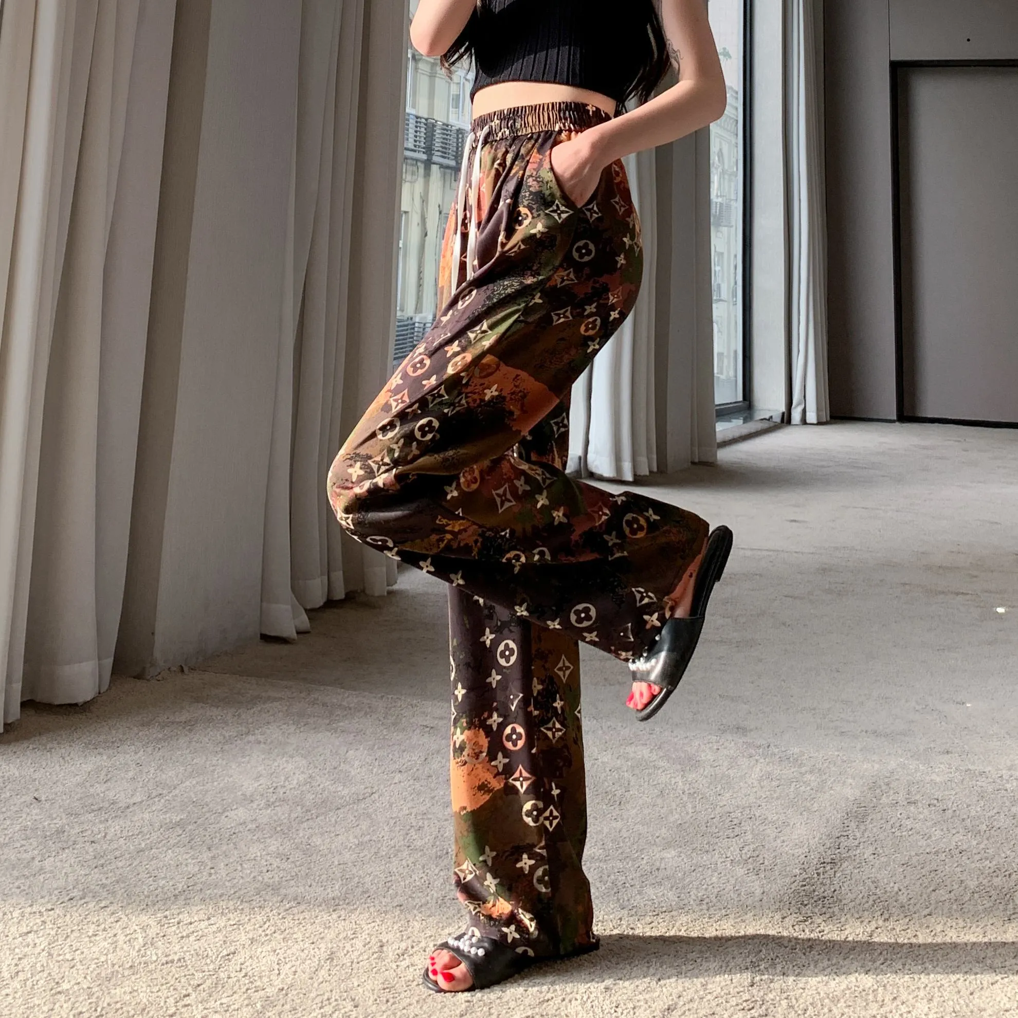 Casual Straight Draping Chiffon Floor-Length Print Thin Silky Sun Protection Pants