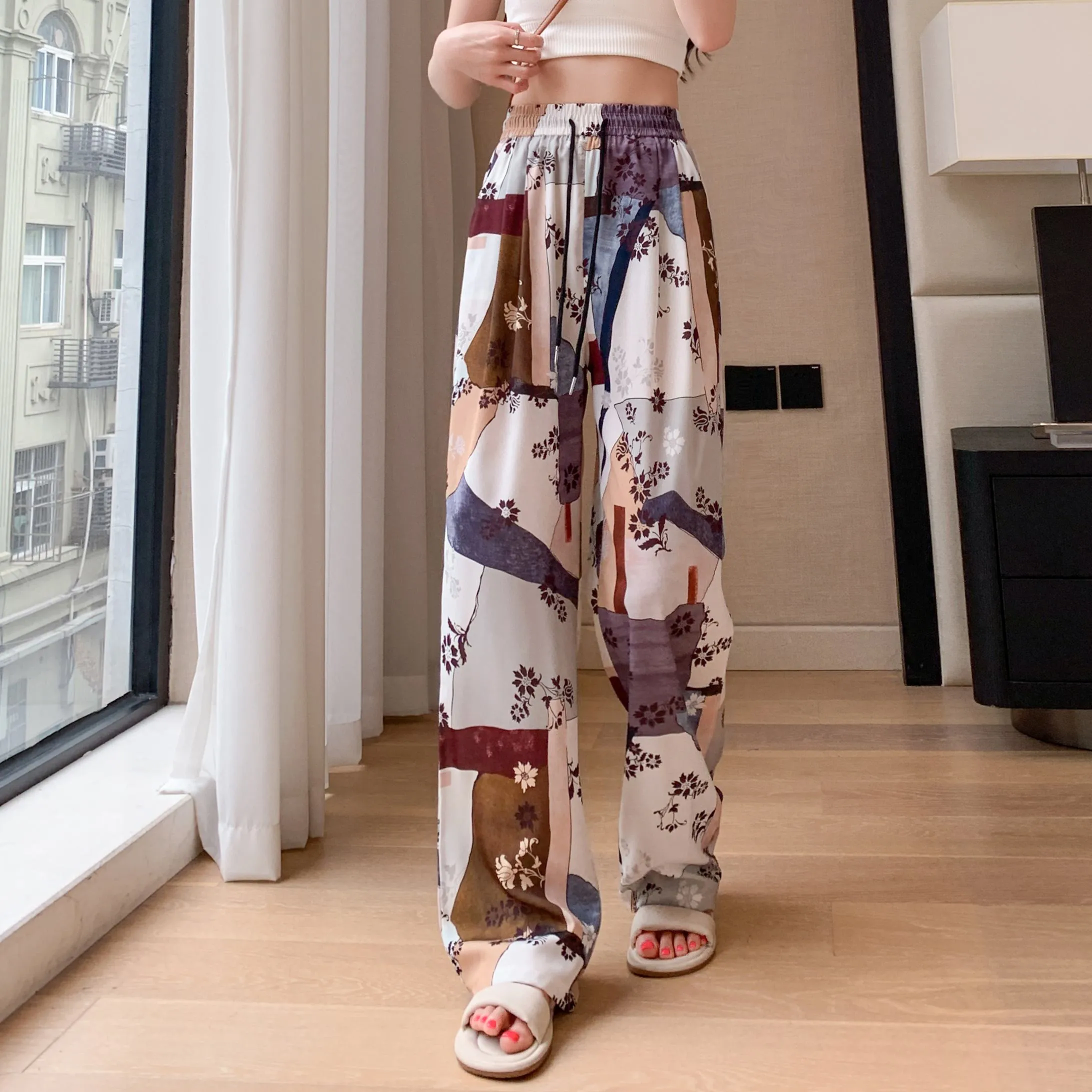 Casual Straight Draping Chiffon Floor-Length Print Thin Silky Sun Protection Pants