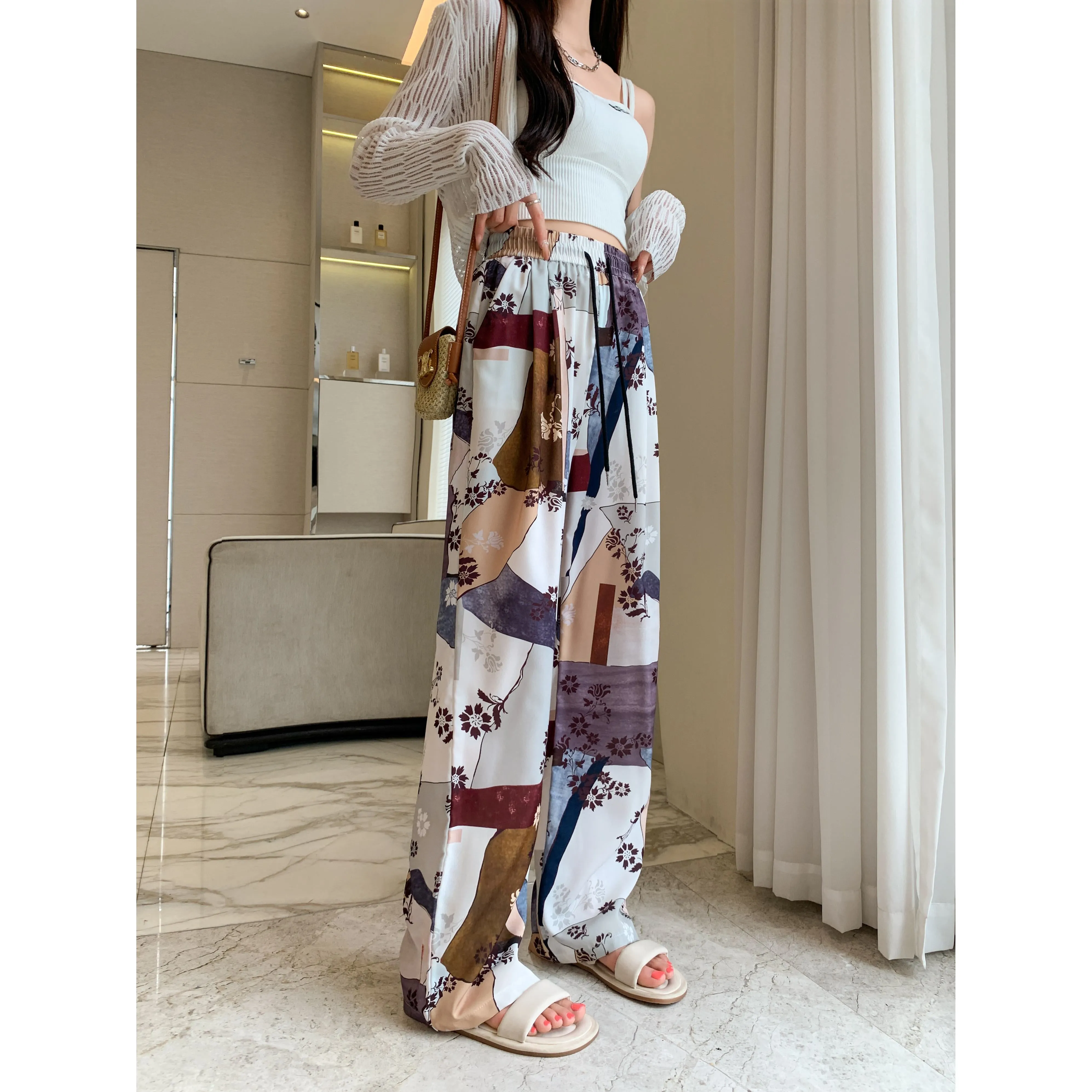 Casual Straight Draping Chiffon Floor-Length Print Thin Silky Sun Protection Pants