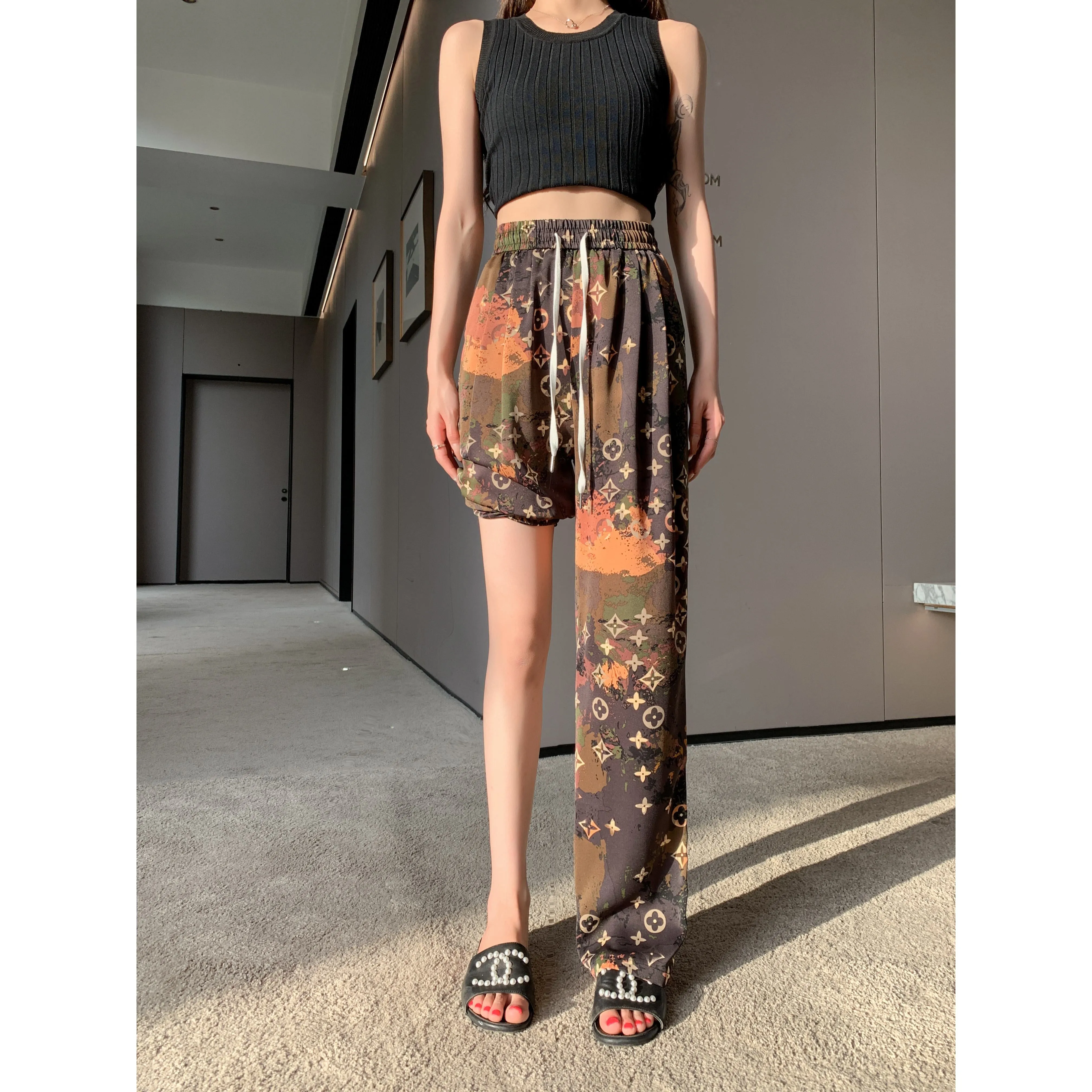 Casual Straight Draping Chiffon Floor-Length Print Thin Silky Sun Protection Pants