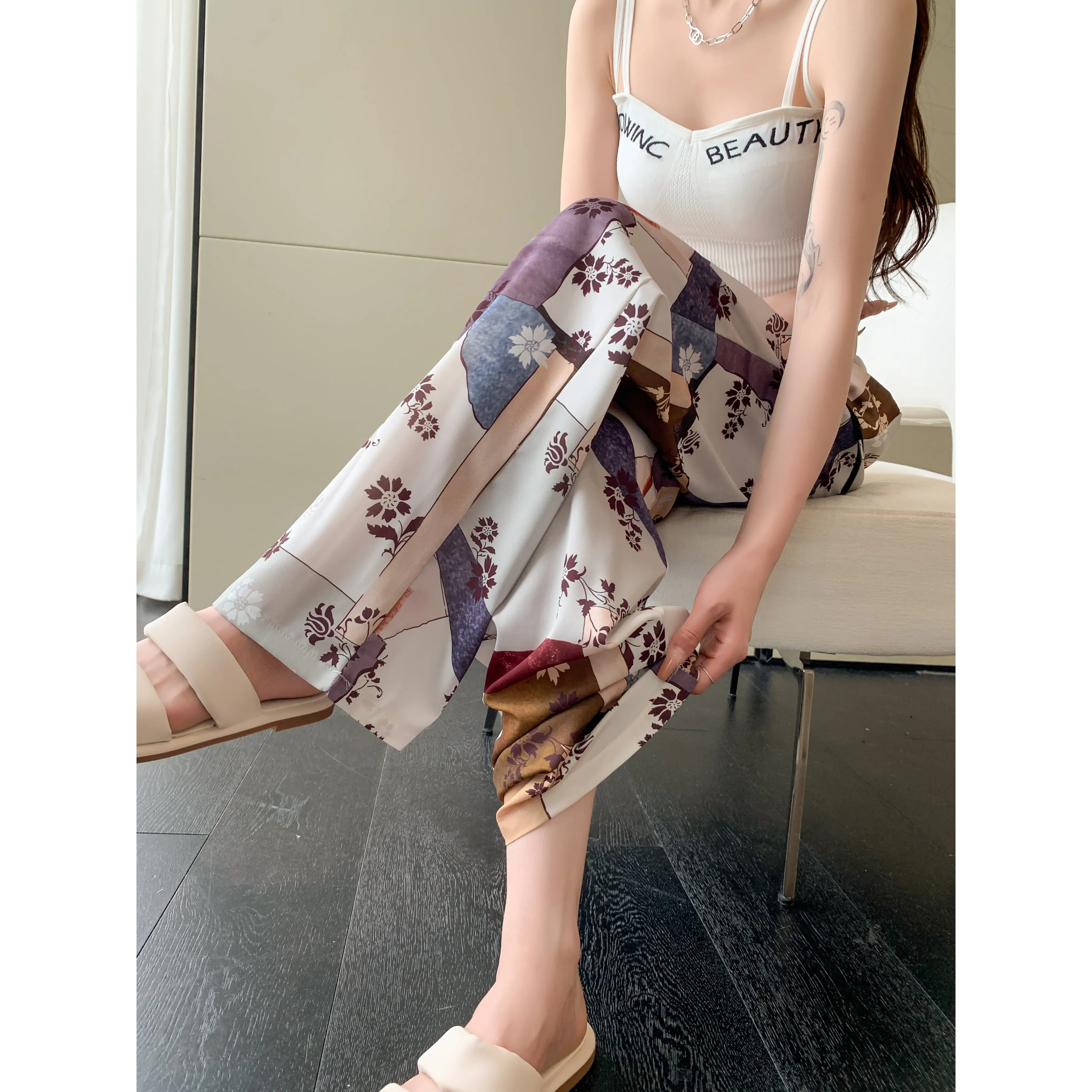 Casual Straight Draping Chiffon Floor-Length Print Thin Silky Sun Protection Pants