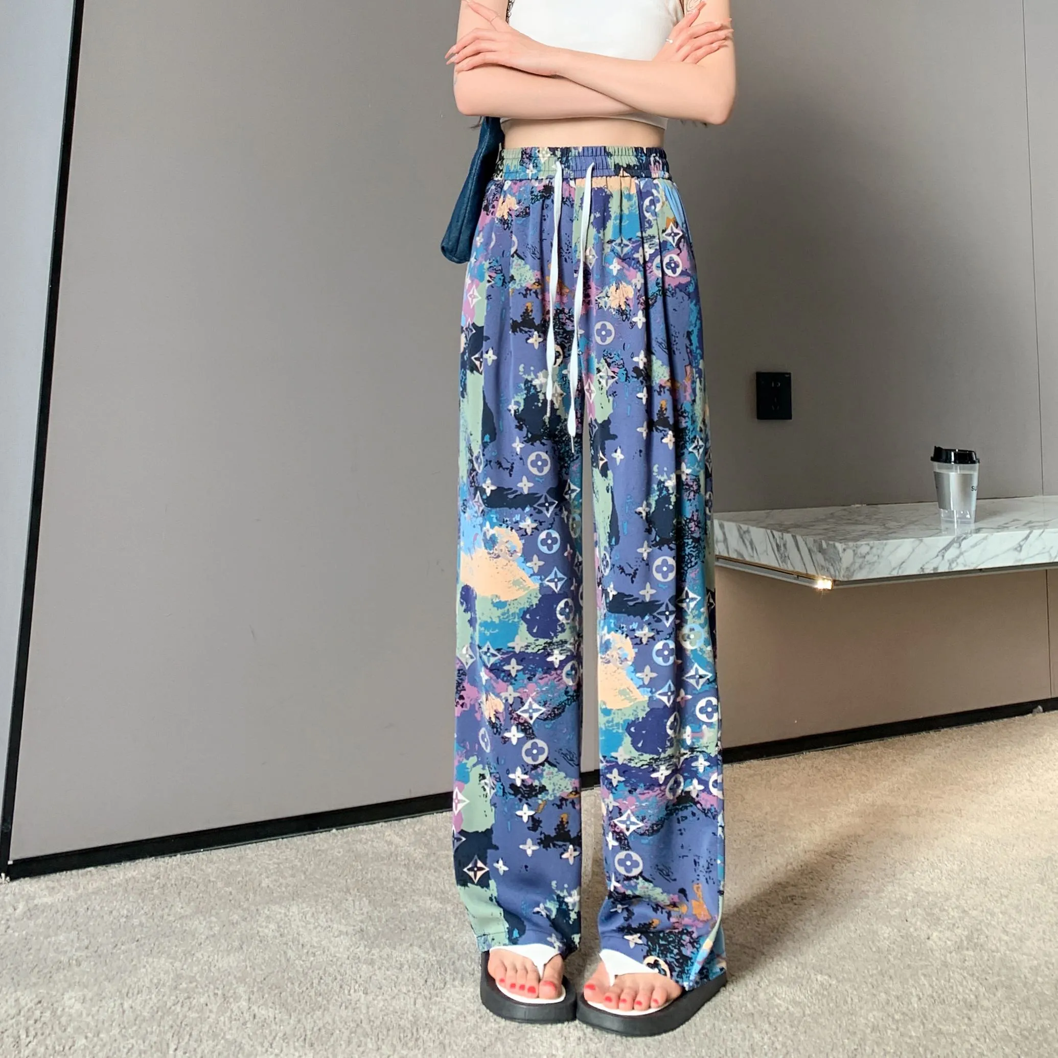 Casual Straight Draping Chiffon Floor-Length Print Thin Silky Sun Protection Pants