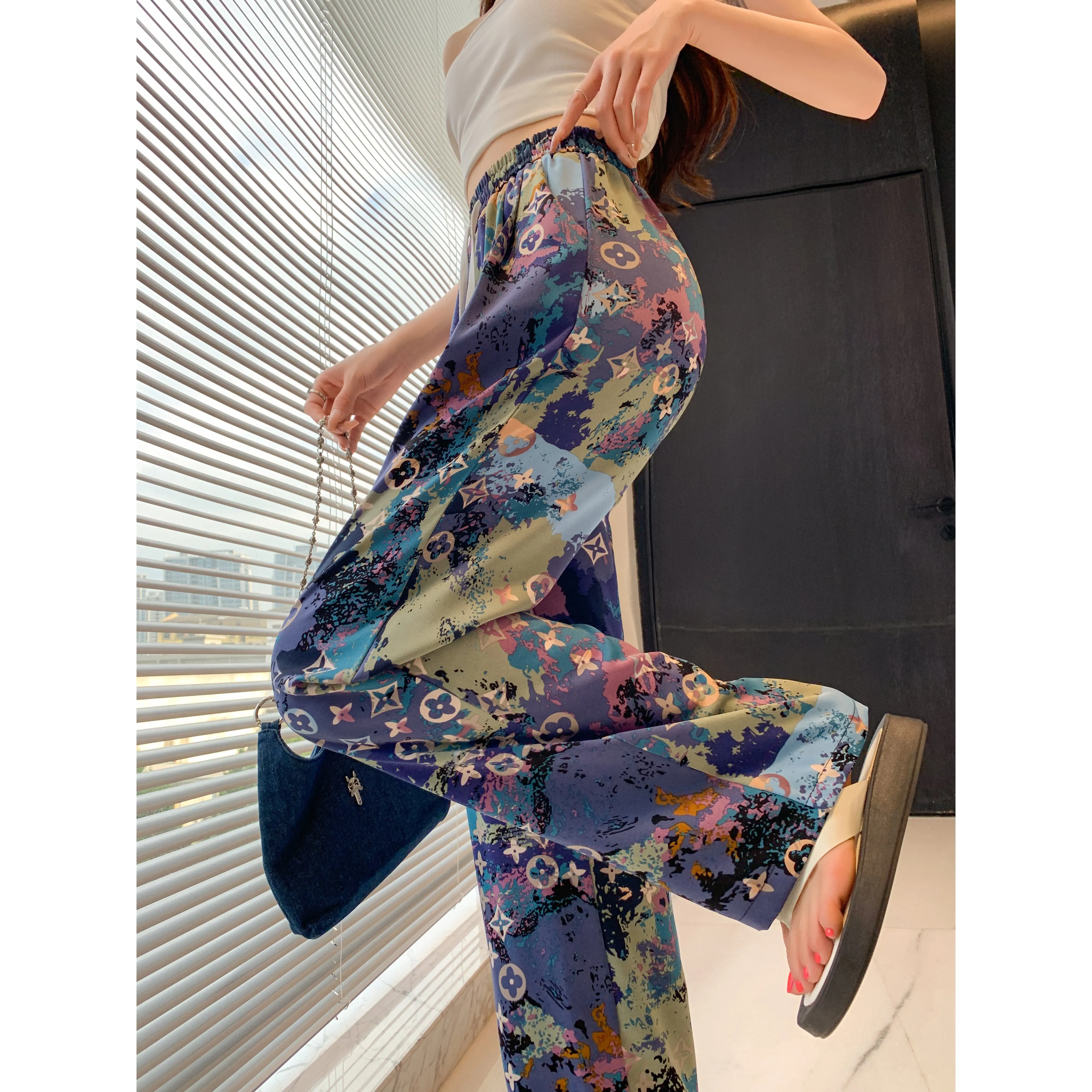 Casual Straight Draping Chiffon Floor-Length Print Thin Silky Sun Protection Pants