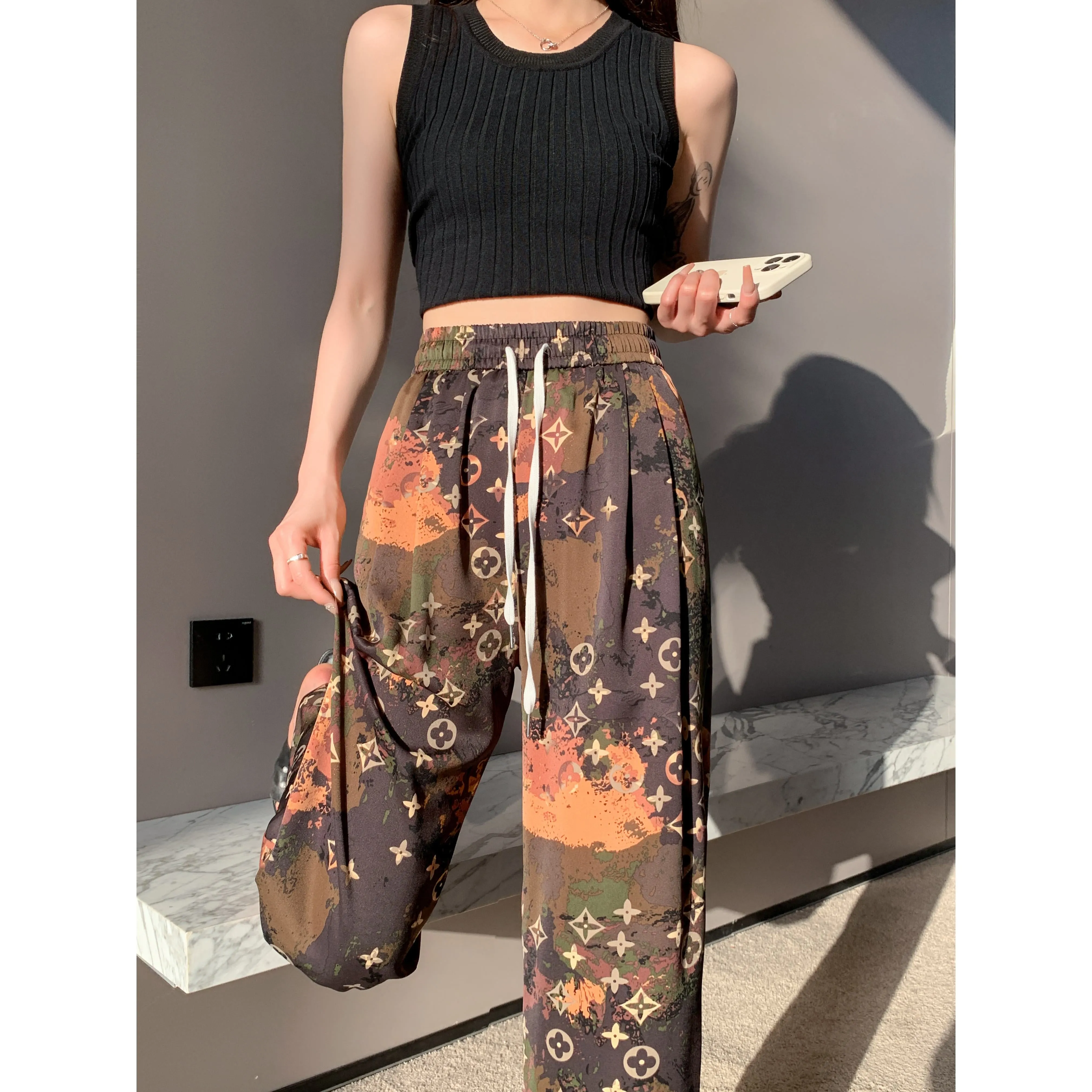 Casual Straight Draping Chiffon Floor-Length Print Thin Silky Sun Protection Pants