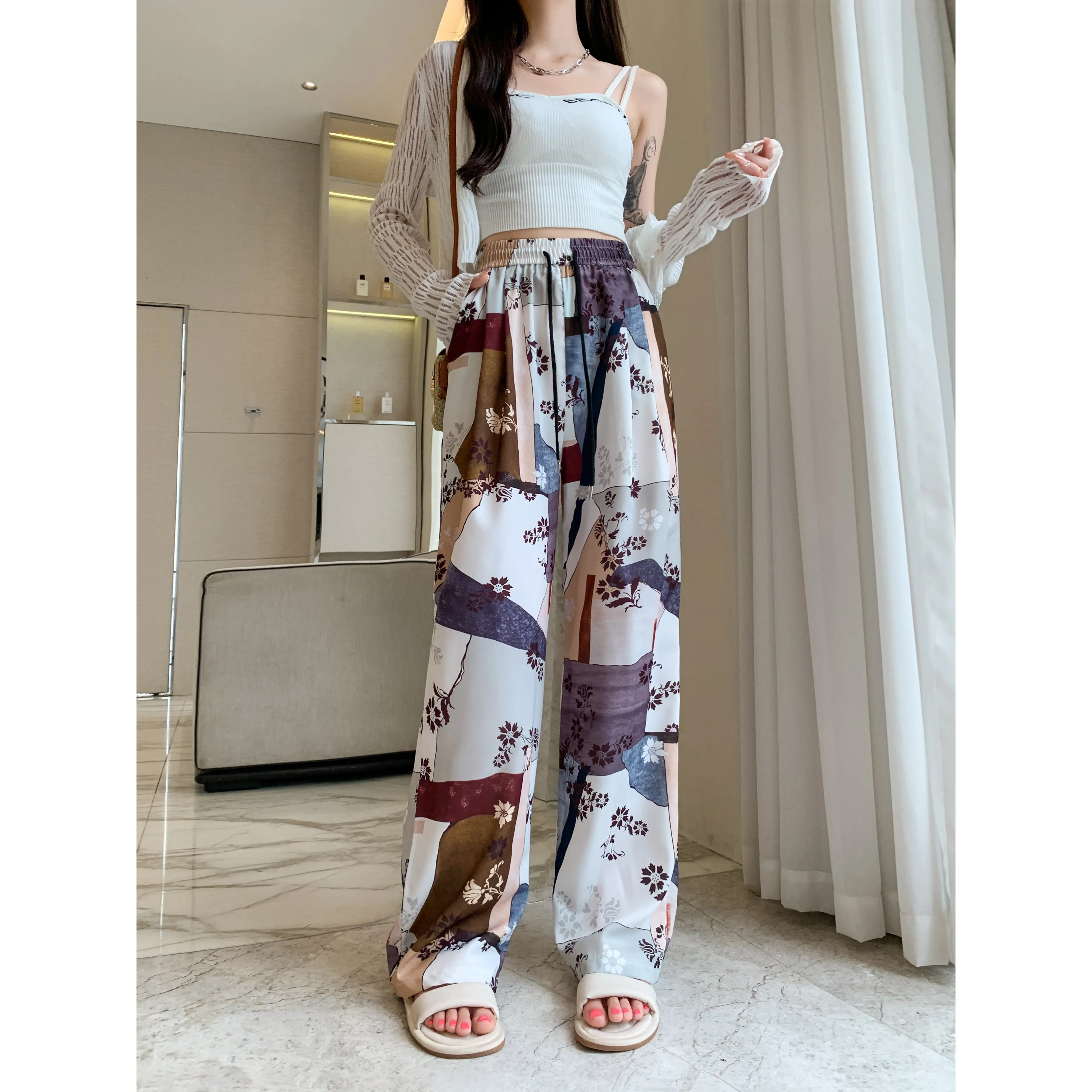 Casual Straight Draping Chiffon Floor-Length Print Thin Silky Sun Protection Pants