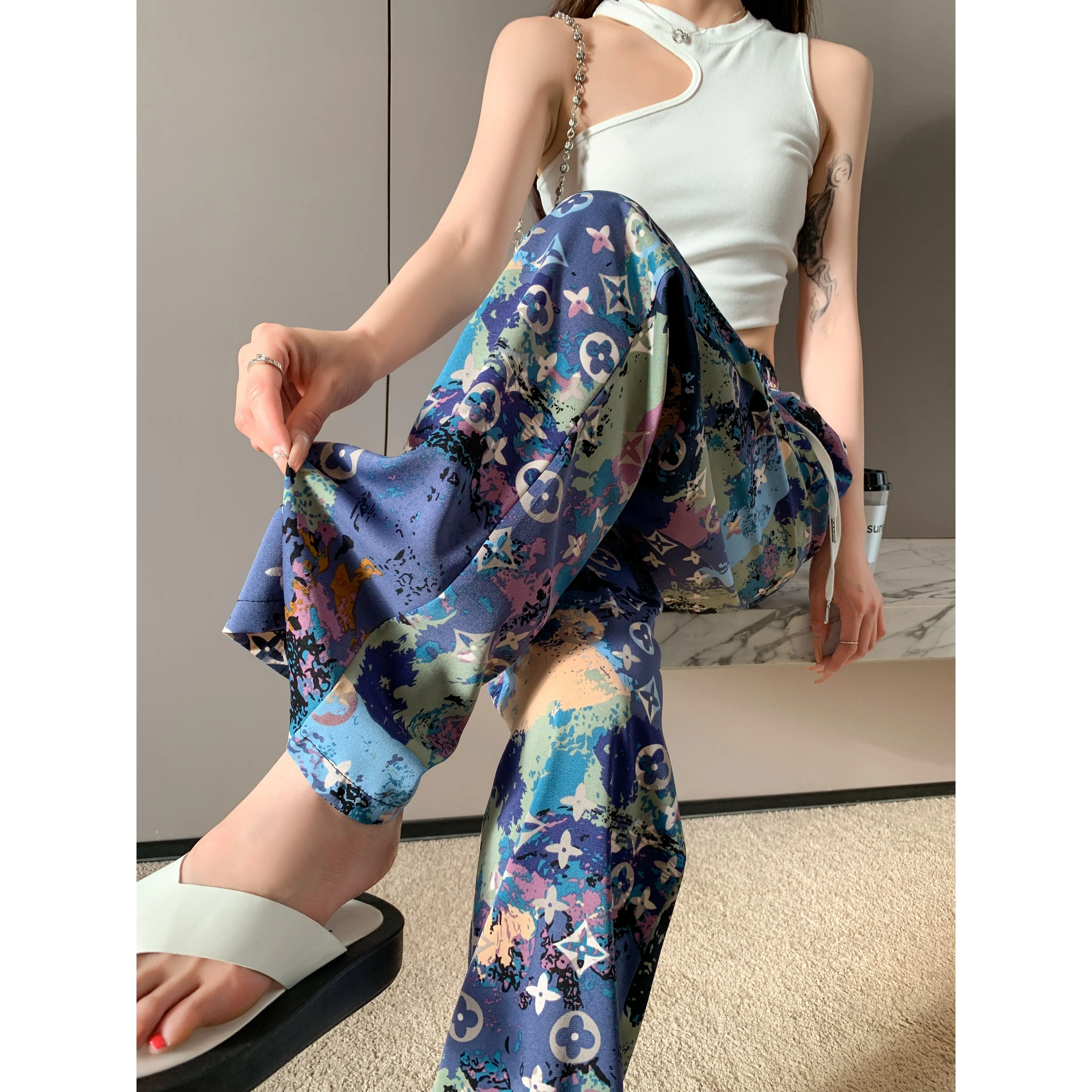 Casual Straight Draping Chiffon Floor-Length Print Thin Silky Sun Protection Pants