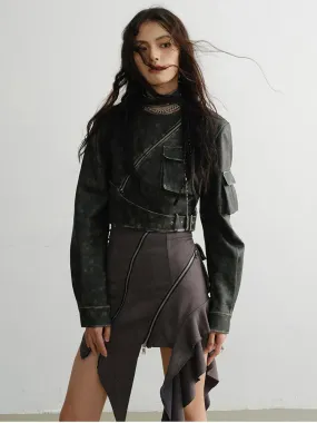 Cateey Vegan Leather Cropped Motorcycle Jacket