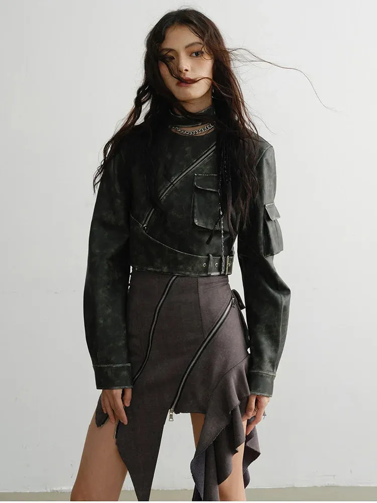 Cateey Vegan Leather Cropped Motorcycle Jacket