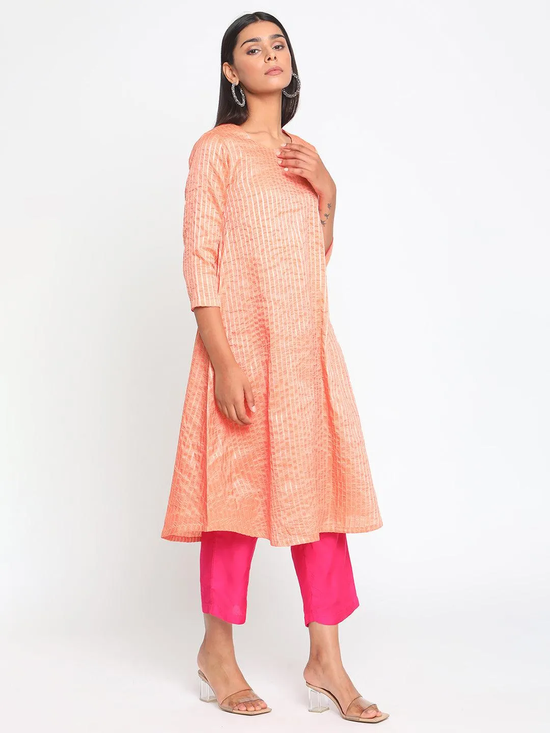 Chanderi Peach Striped Flared Kurta