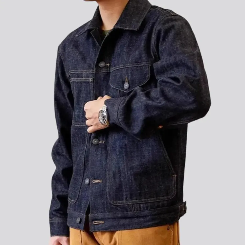 Checkered-lining men's denim jacket