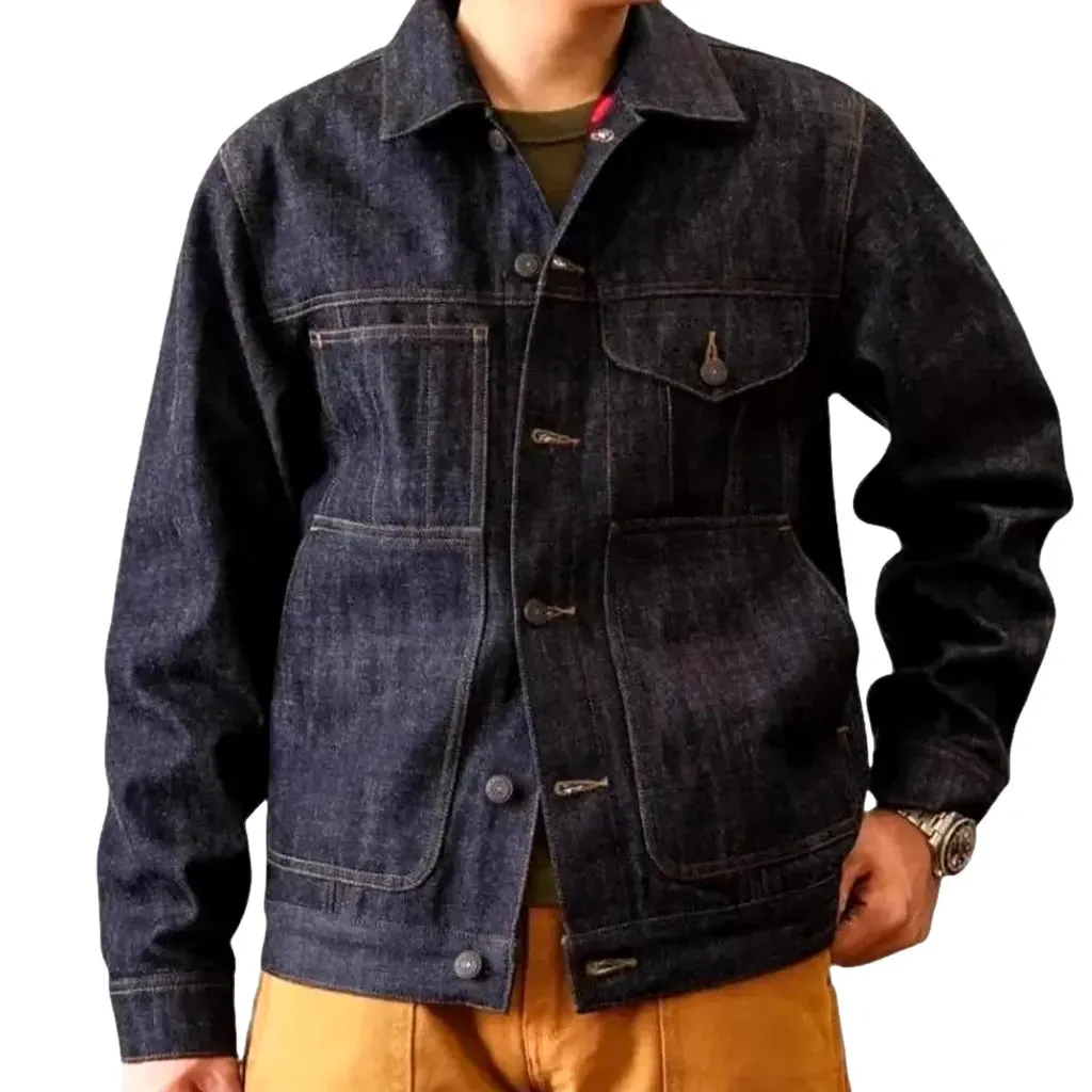 Checkered-lining men's denim jacket