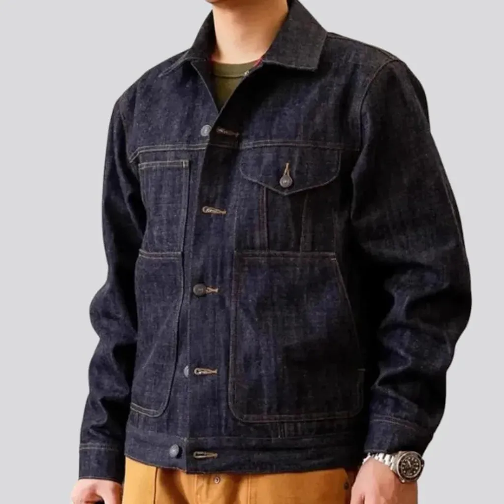 Checkered-lining men's denim jacket