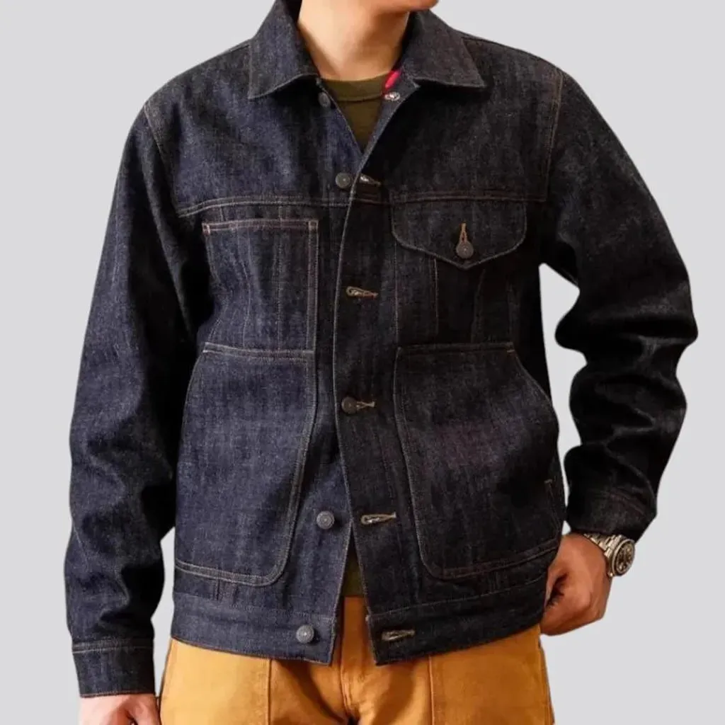 Checkered-lining men's denim jacket