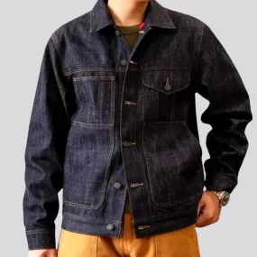 Checkered-lining men's denim jacket