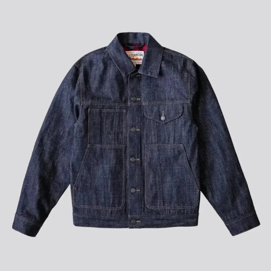 Checkered-lining men's denim jacket