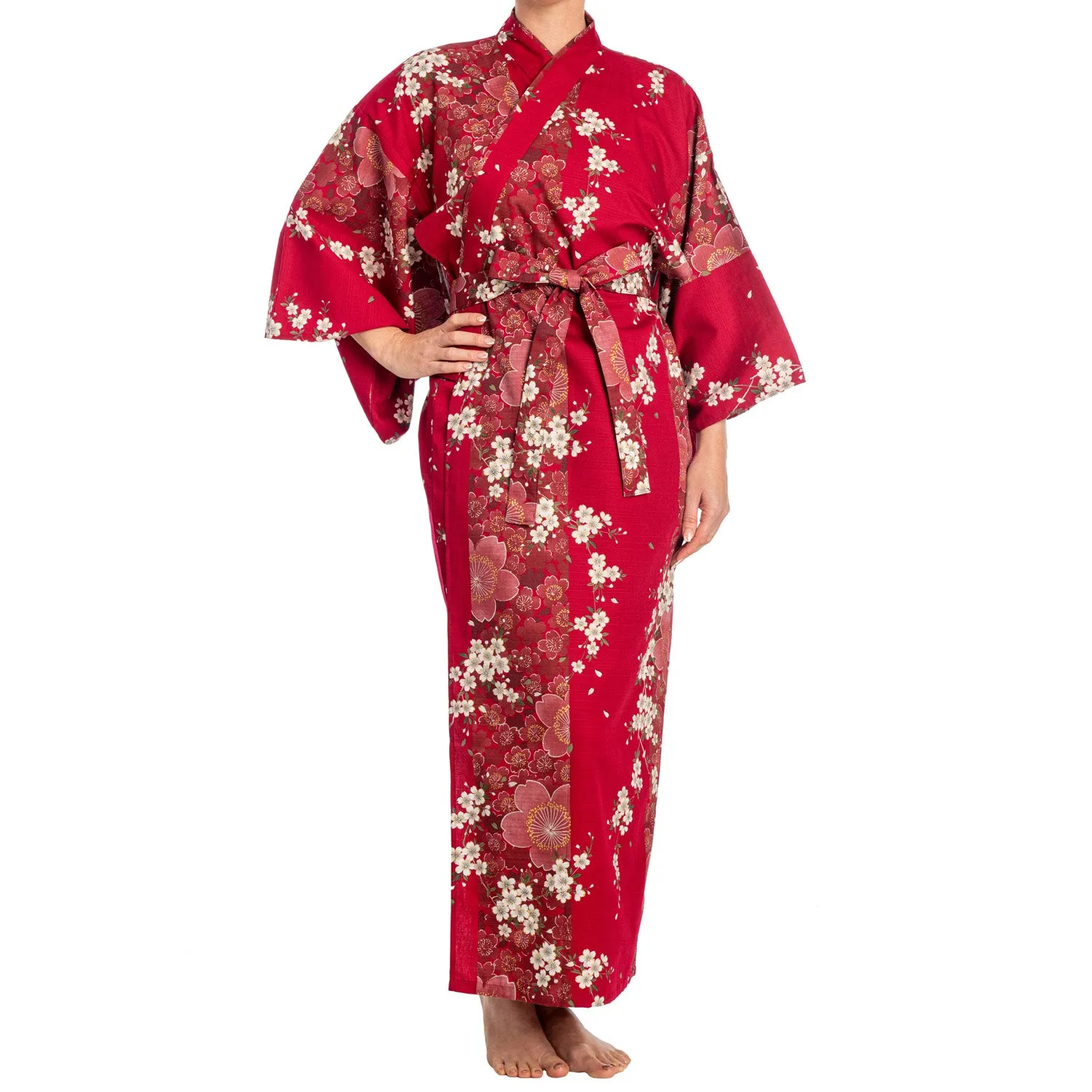 Cherry Blossom Print Long Red Yukata