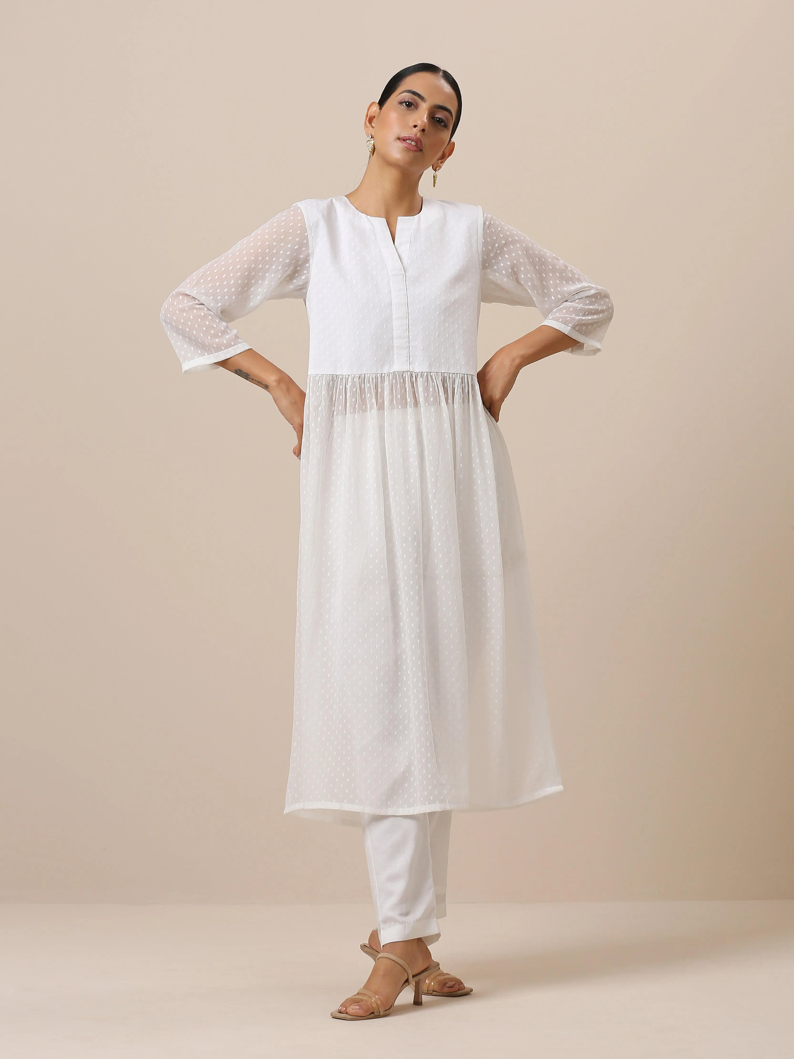 Chiffon White Dobby Flared Kurta Pant Set