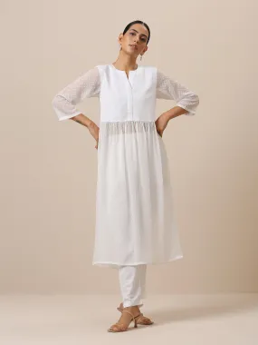 Chiffon White Dobby Flared Kurta Pant Set