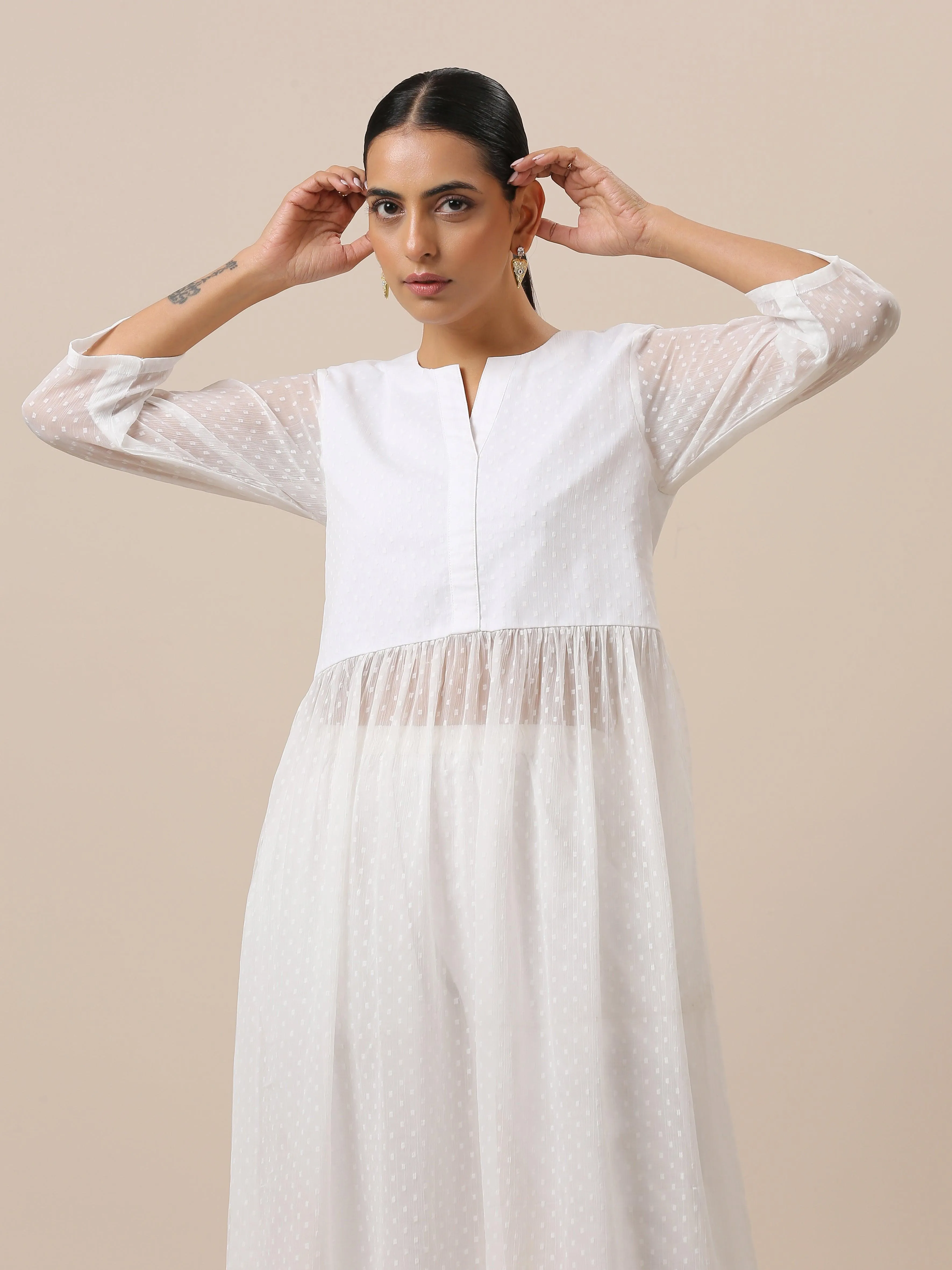 Chiffon White Dobby Flared Kurta Pant Set