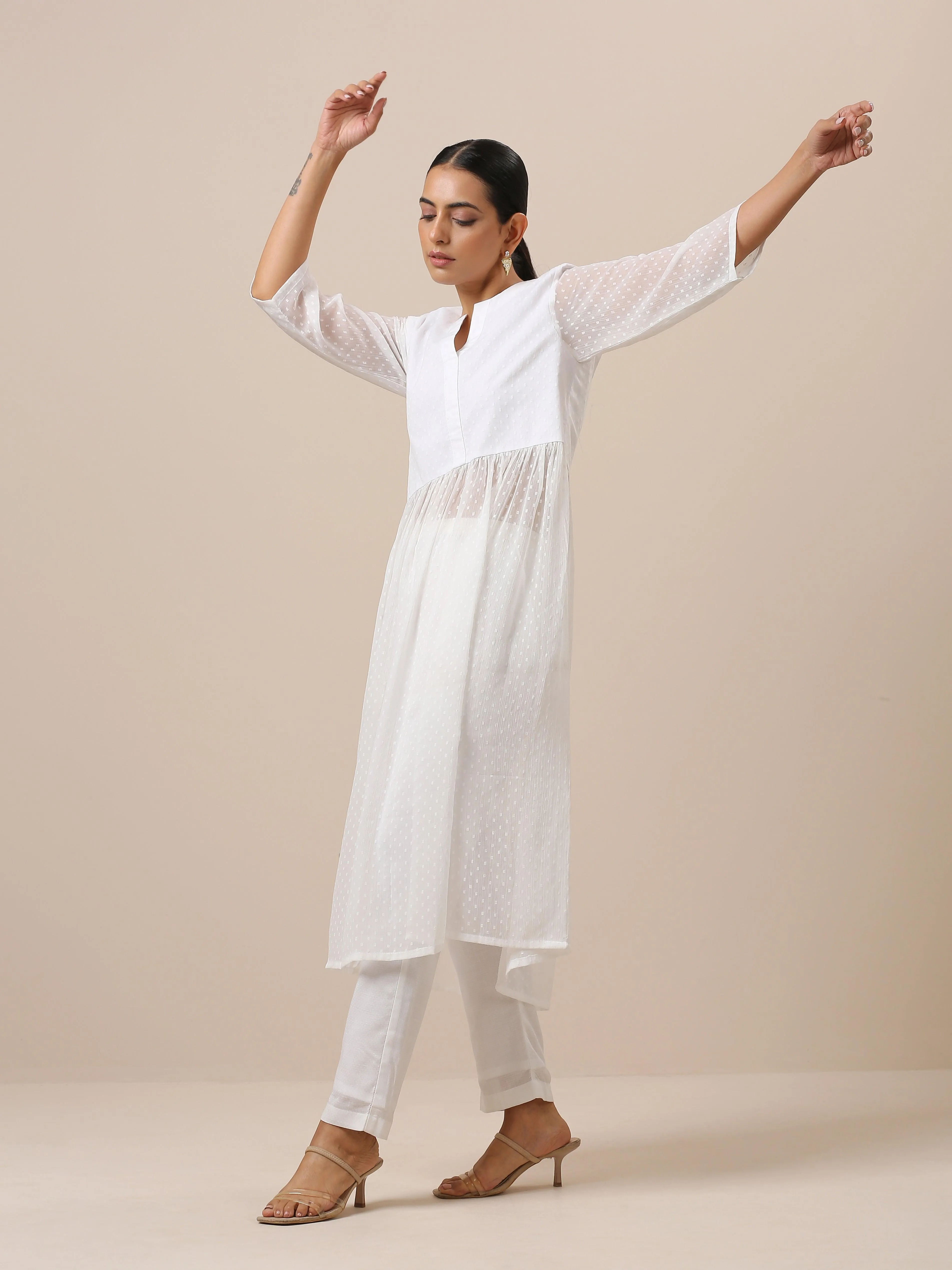 Chiffon White Dobby Flared Kurta Pant Set