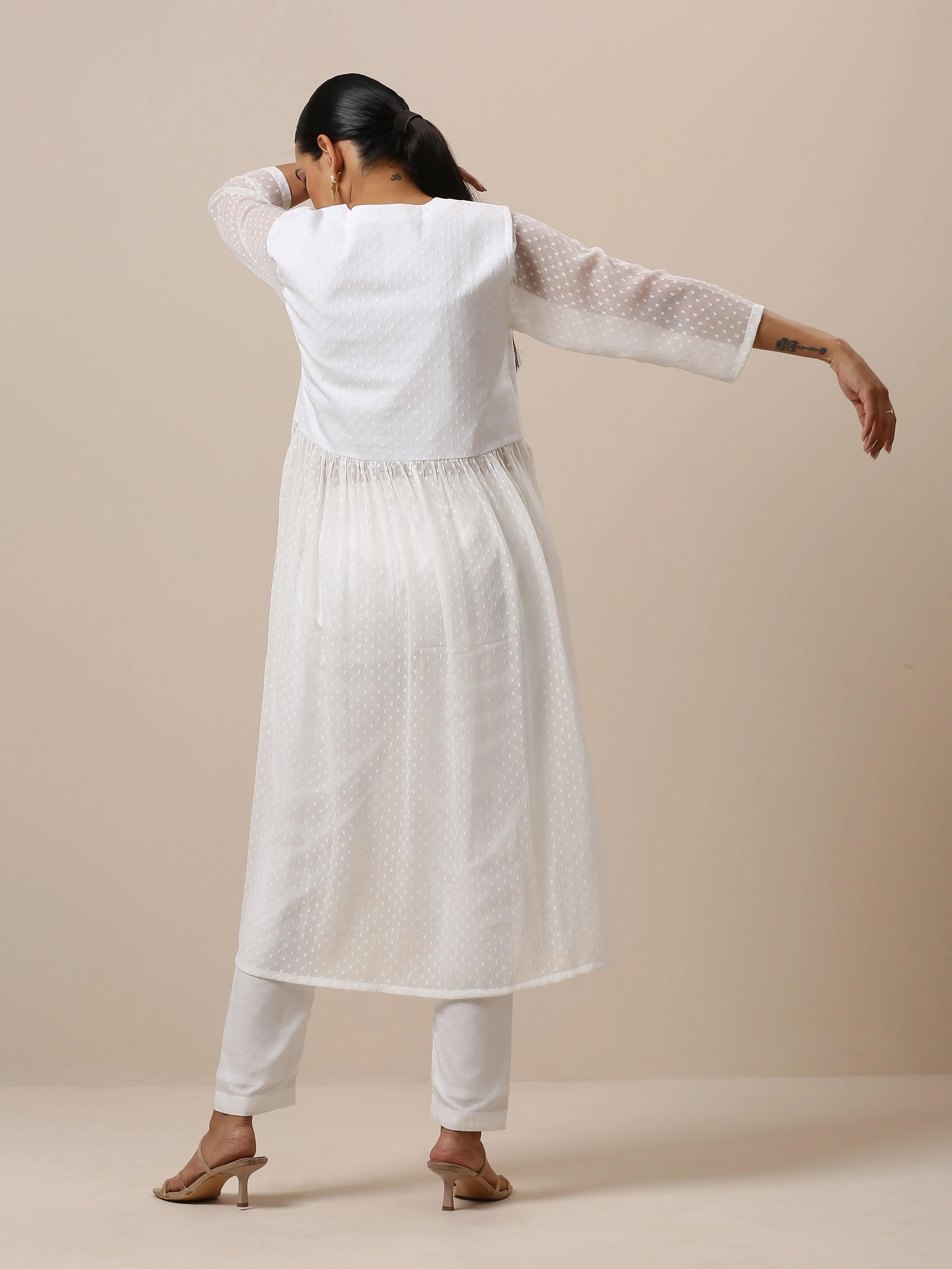 Chiffon White Dobby Flared Kurta Pant Set