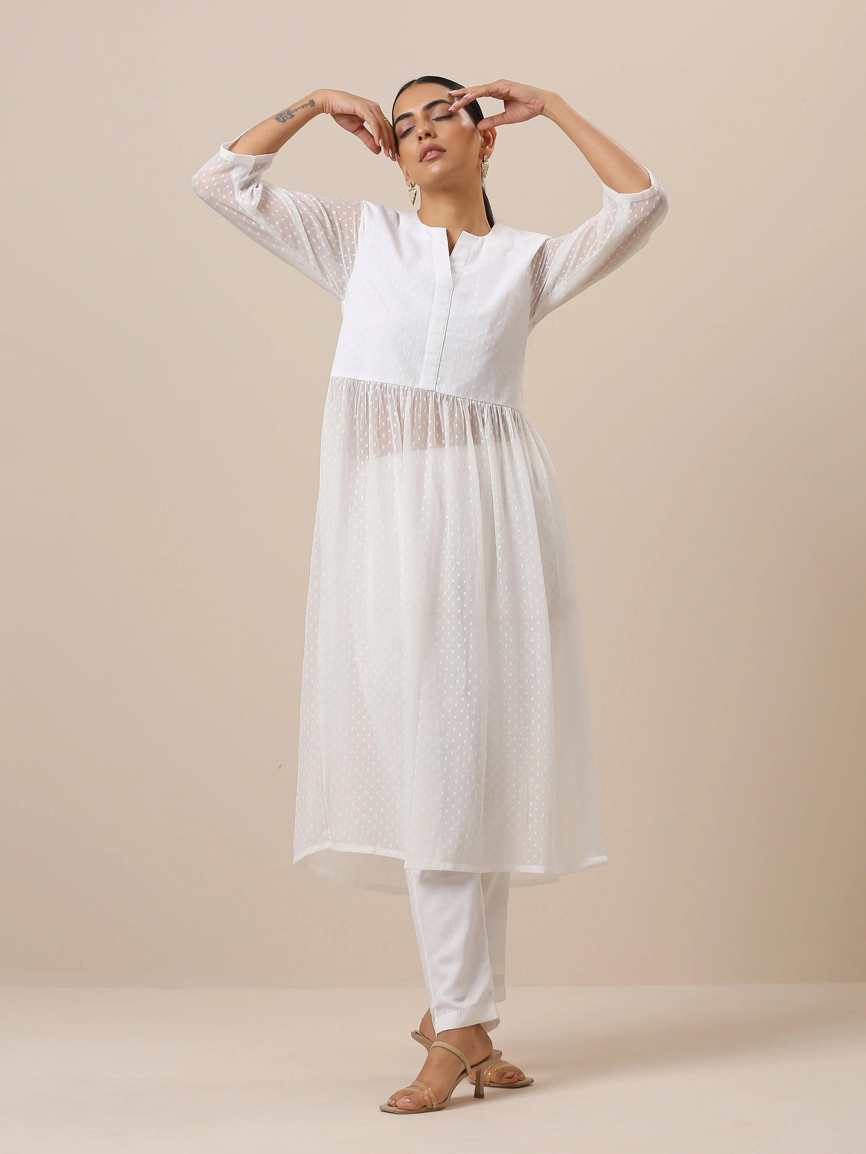 Chiffon White Dobby Flared Kurta Pant Set