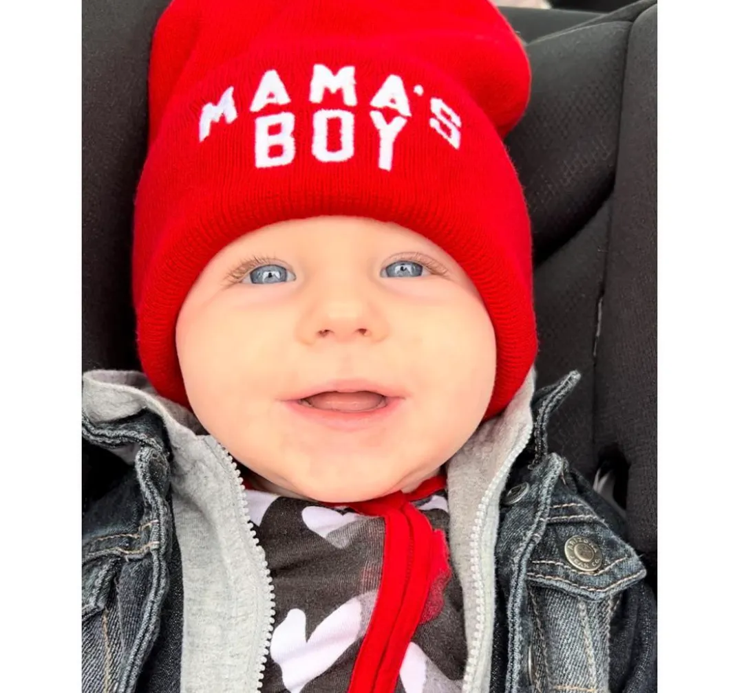 Child Beanie - MAMA'S BOY - Bright Red w/ White