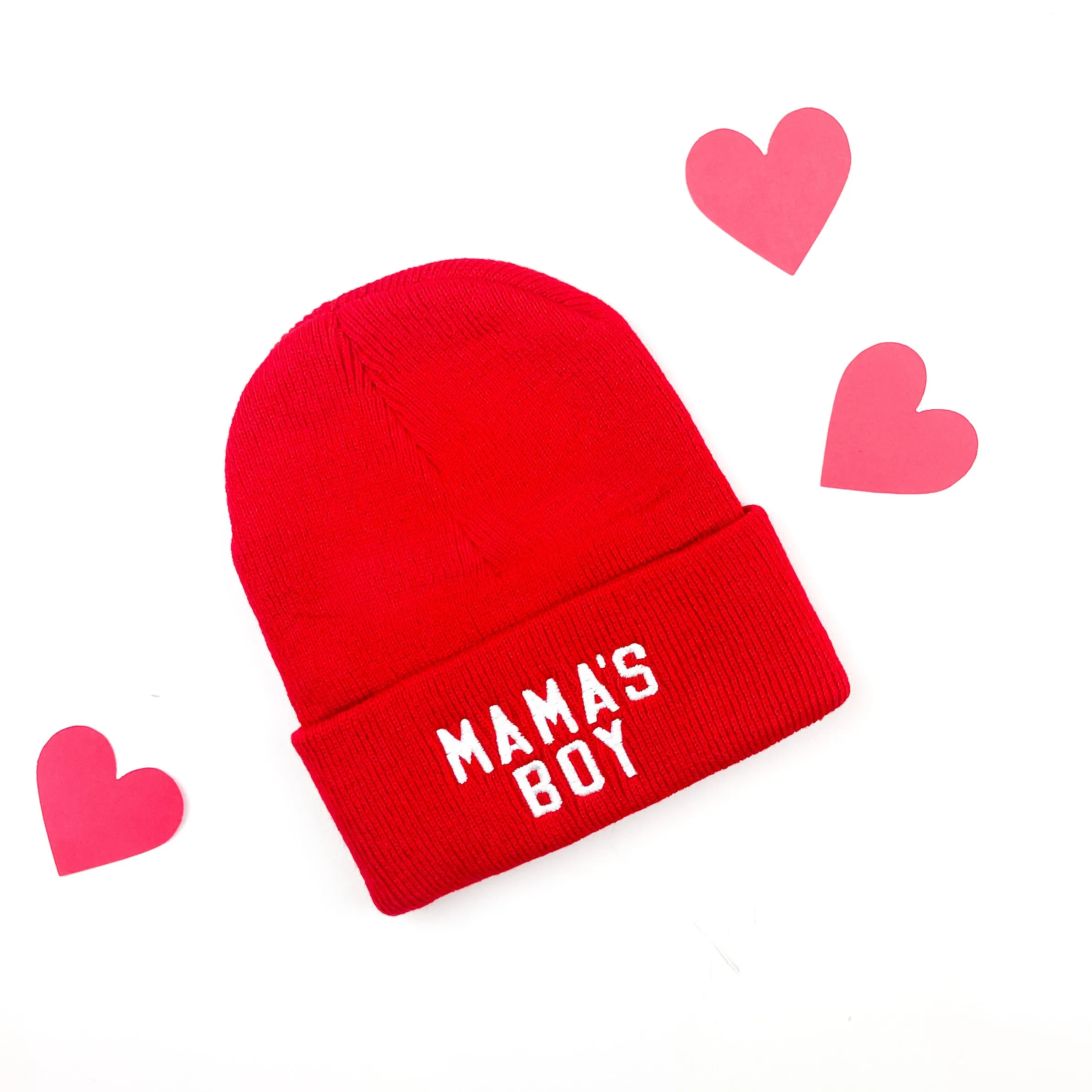 Child Beanie - MAMA'S BOY - Bright Red w/ White