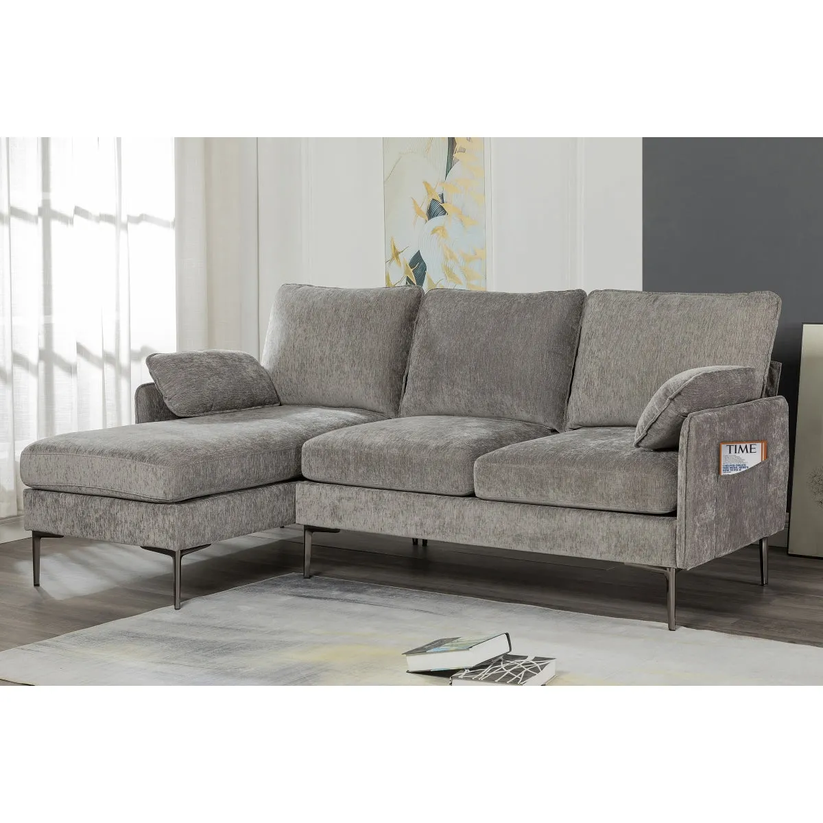 CozyLounge Grey Reversible Chaise Sectional with Pillows