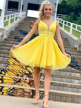 Cute A Line V Neck Yellow Short Prom Homecoming with Thin Belt, Yellow V Neck Formal Graduation Evening