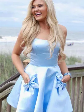 Cute Short Light Blue Satin Prom Homecoming Dresses with Pocket, Light Blue Formal Graduation Evening Dresses