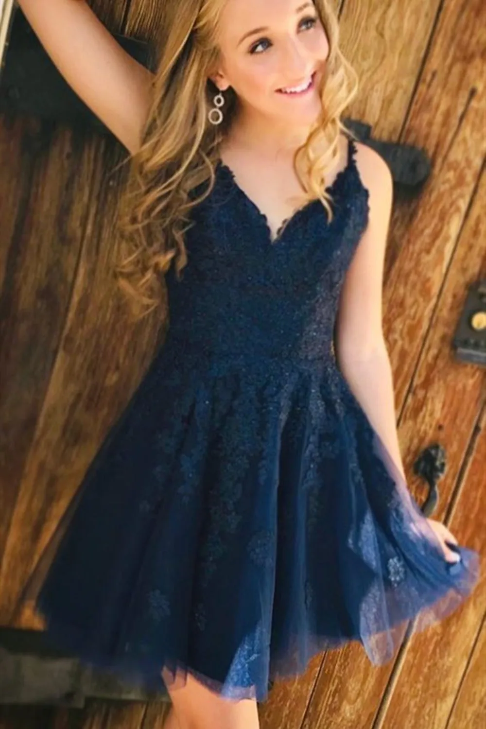 Cute V Neck Navy Blue Lace Short Prom Homecoming Dresses, Short Navy Blue Lace Formal Graduation Evening Dresses A1281