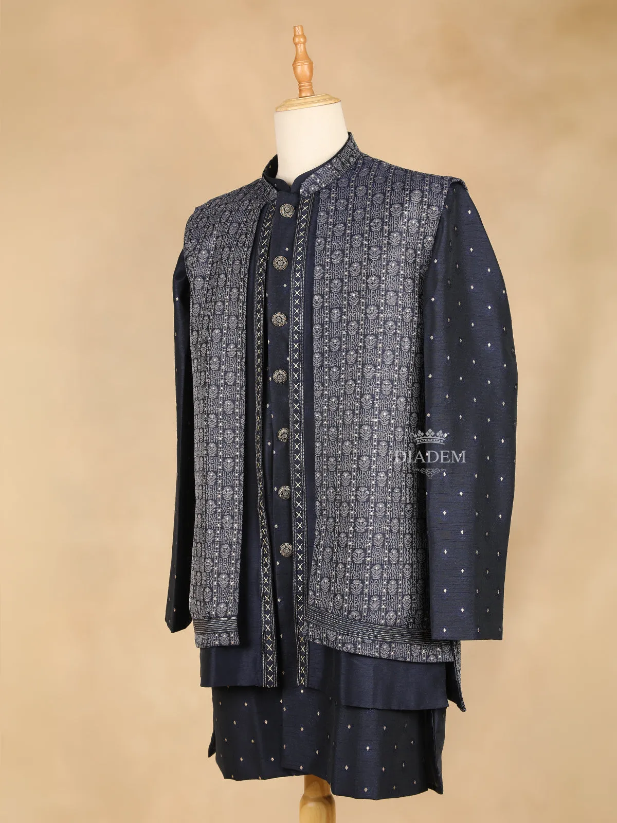 Dark Blue Embroidery Indo-Western Sherwani Suit, with Pant