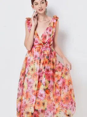 Deep V Neck Floral Printed Swing Boho Dress