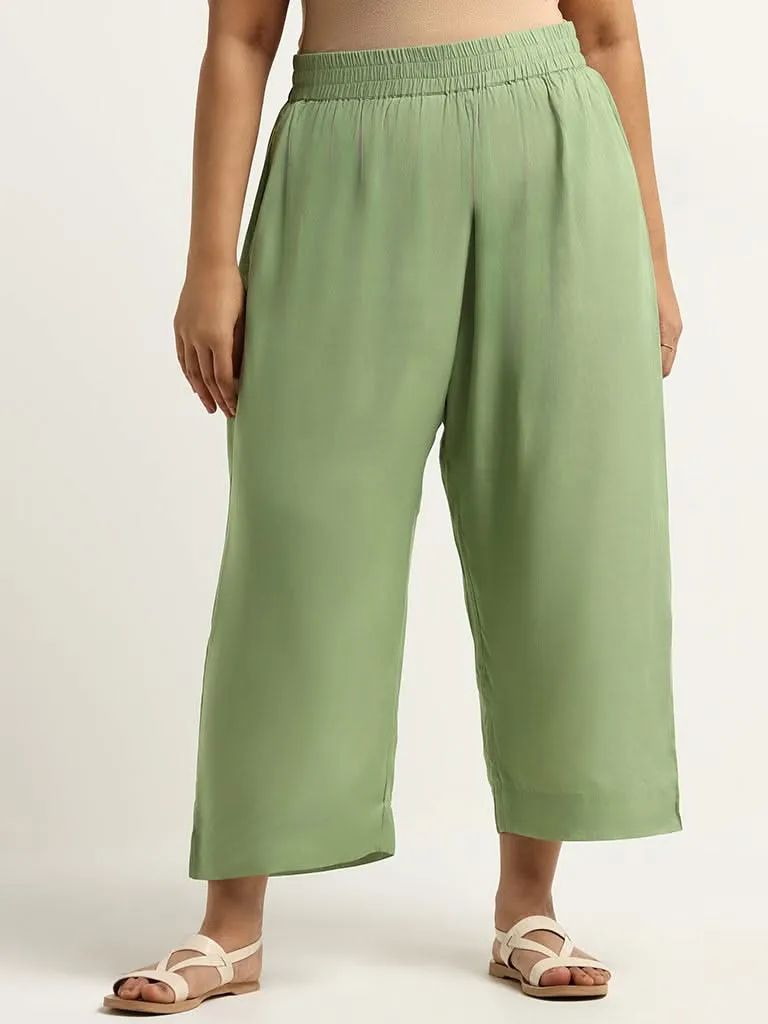 Diza Solid Green Wide-Leg Pants