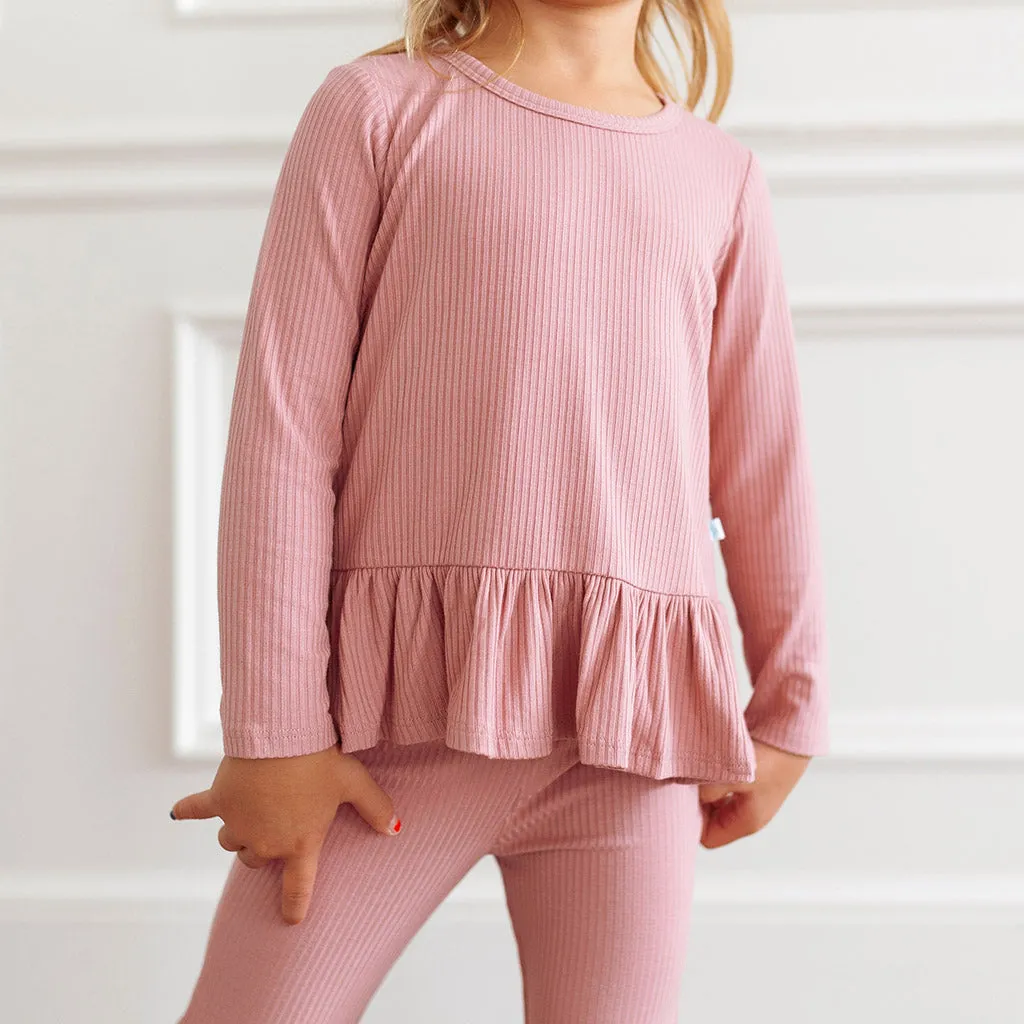 Dusty Rose Ribbed Long Sleeve Ruffled Loose Fit Shirt