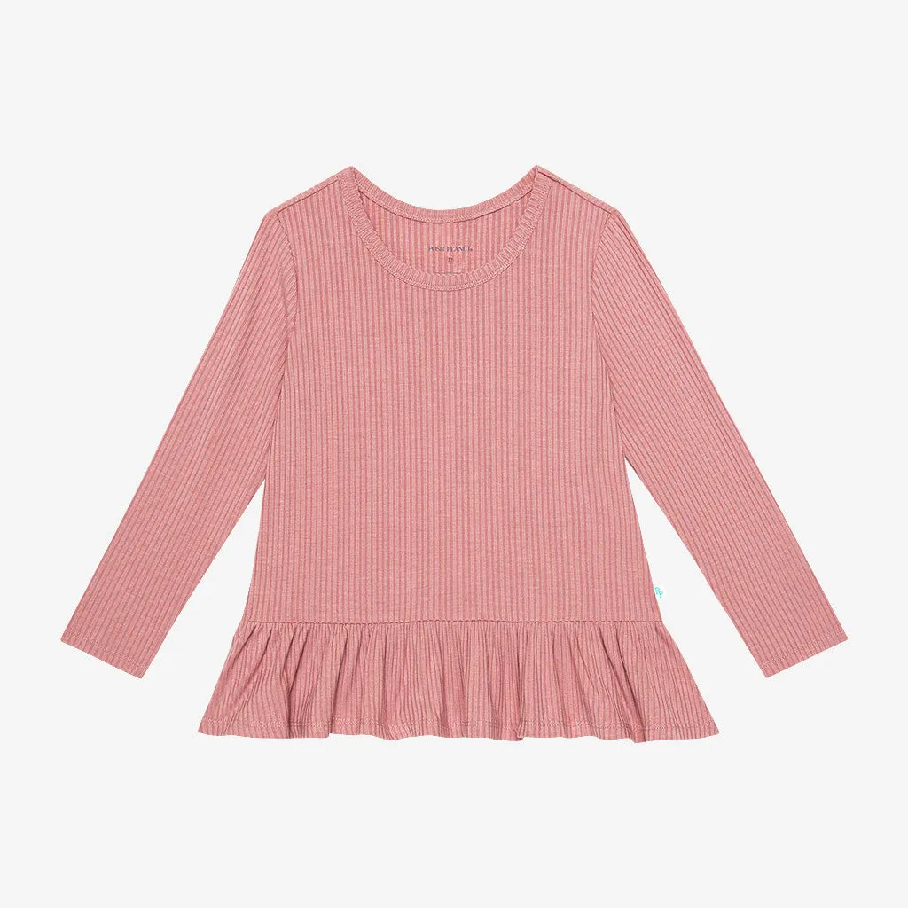 Dusty Rose Ribbed Long Sleeve Ruffled Loose Fit Shirt