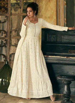 Elegant White Georgette Chikankari Embroidered Anarkali