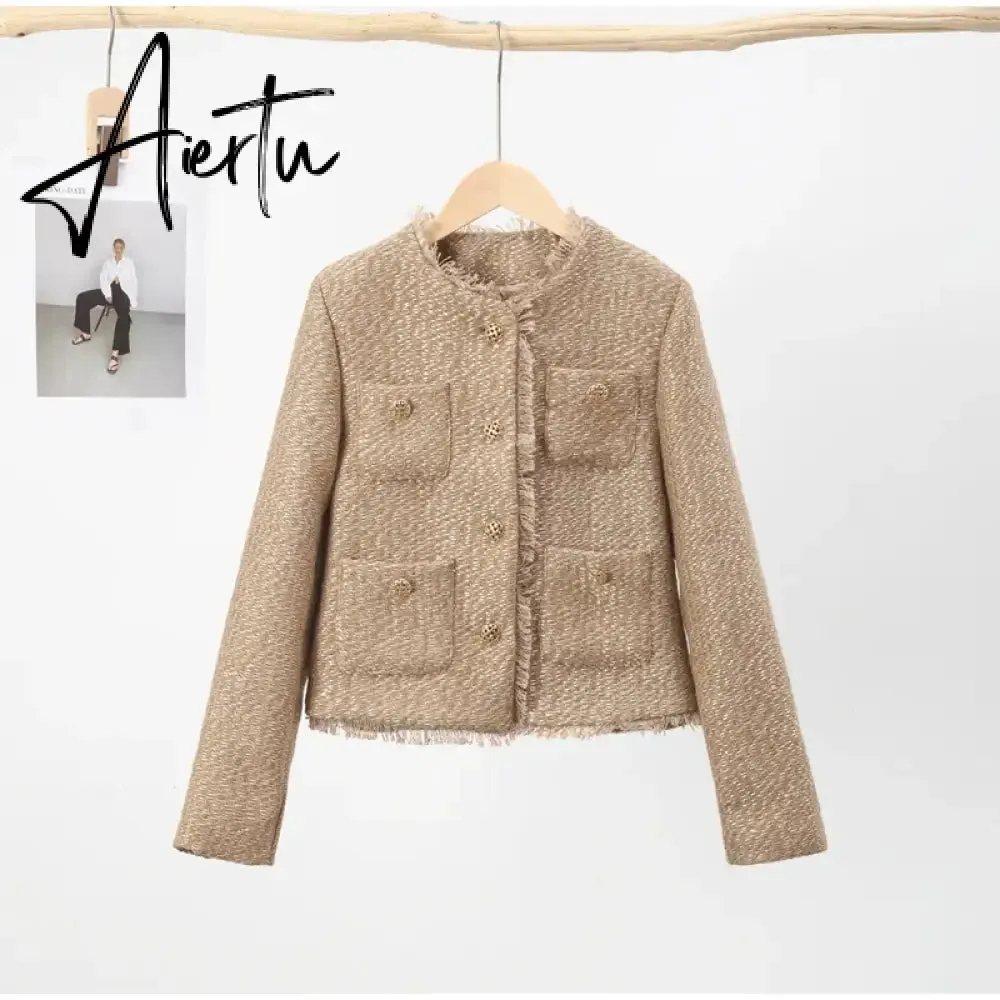 Elegant Women Camel Tweed Jacket Autumn Long Sleeve Button Frayed Cropped Jacket Female Fashion O-neck Pocket Short Coats