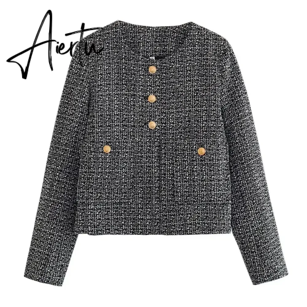 Elegant Women Camel Tweed Jacket Autumn Long Sleeve Button Frayed Cropped Jacket Female Fashion O-neck Pocket Short Coats