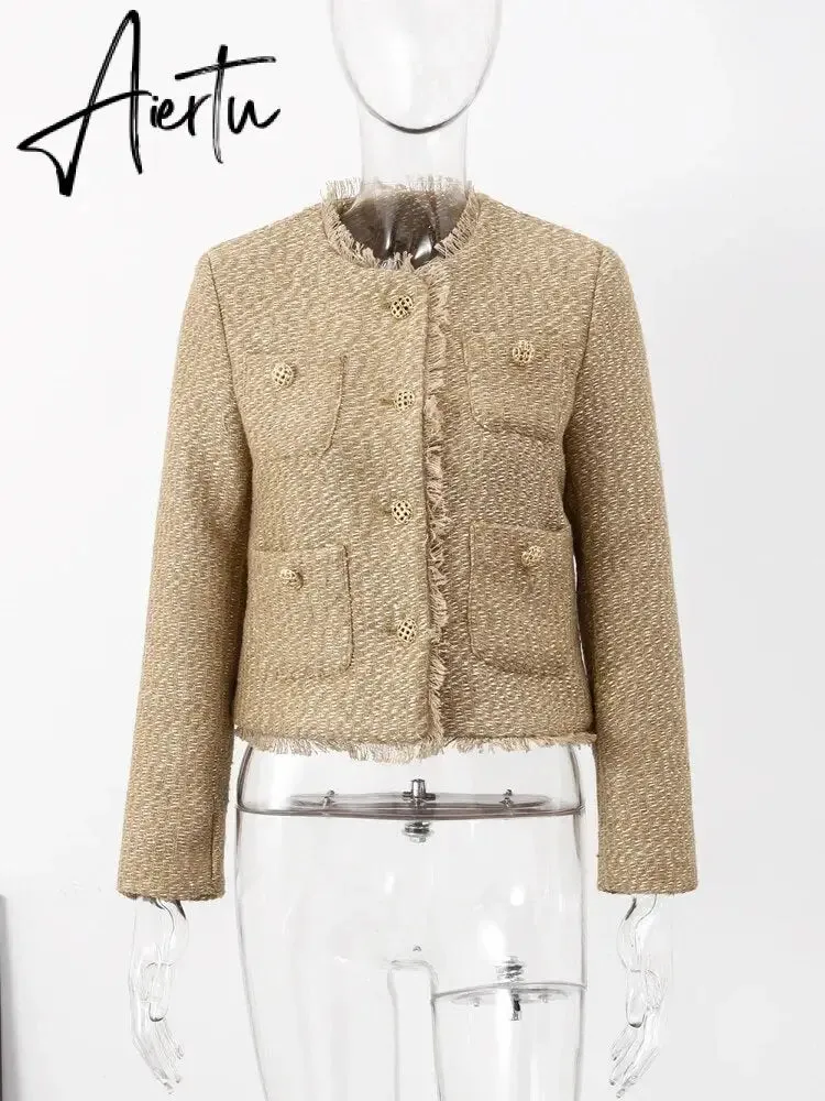 Elegant Women Camel Tweed Jacket Autumn Long Sleeve Button Frayed Cropped Jacket Female Fashion O-neck Pocket Short Coats