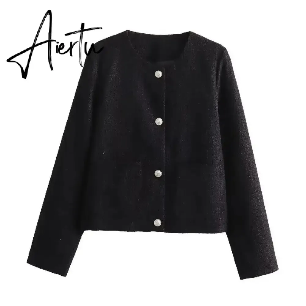 Elegant Women Camel Tweed Jacket Autumn Long Sleeve Button Frayed Cropped Jacket Female Fashion O-neck Pocket Short Coats