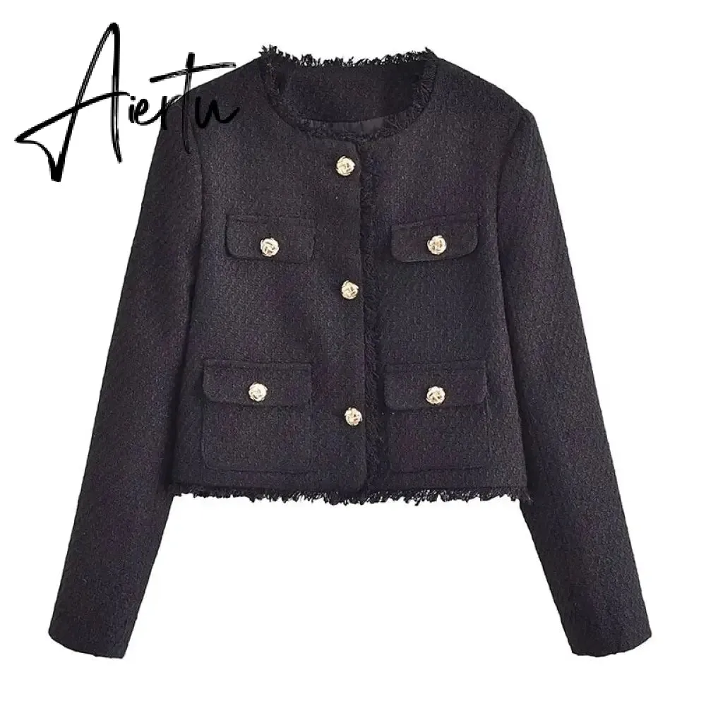 Elegant Women Camel Tweed Jacket Autumn Long Sleeve Button Frayed Cropped Jacket Female Fashion O-neck Pocket Short Coats