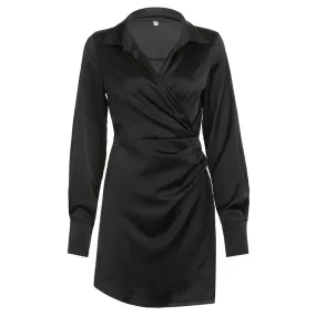 Fashion Asymmetrical Long Sleeve V Neck Black Dress Women Wrap Ruched Solid Shirt Dress Sexy Mini Ladies Elegant