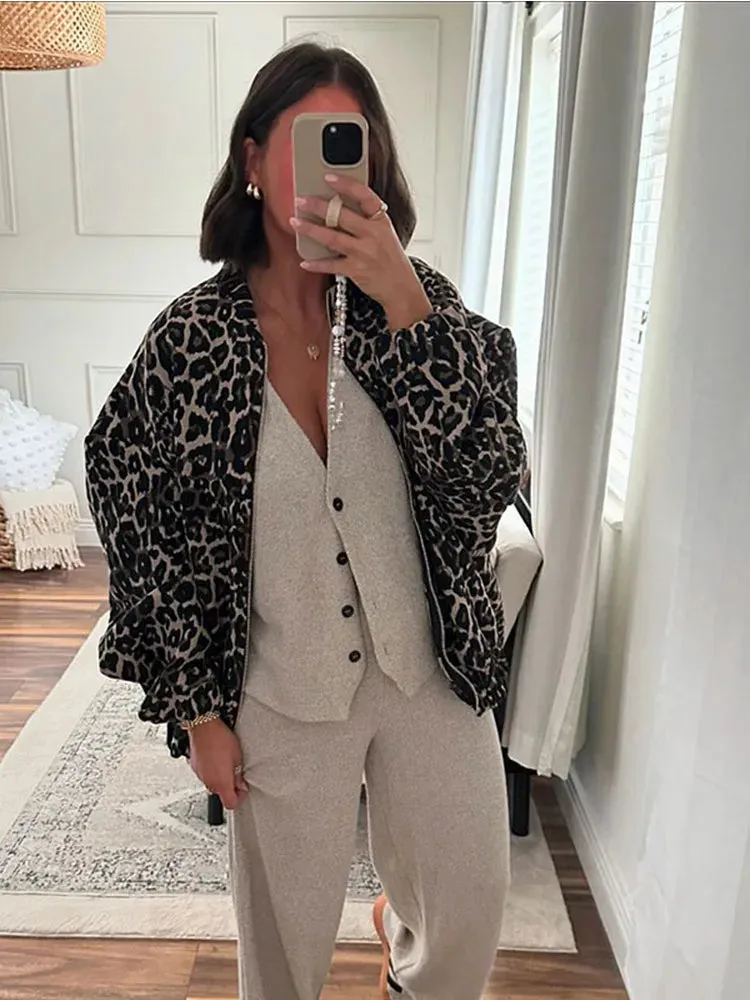 Fashionkova Elegant Leopard Print Zipper Pocket Jacket Women Fashion O Neck Long Sleeves Loose Coat New Autumn Winter Lady Warm Outerwear