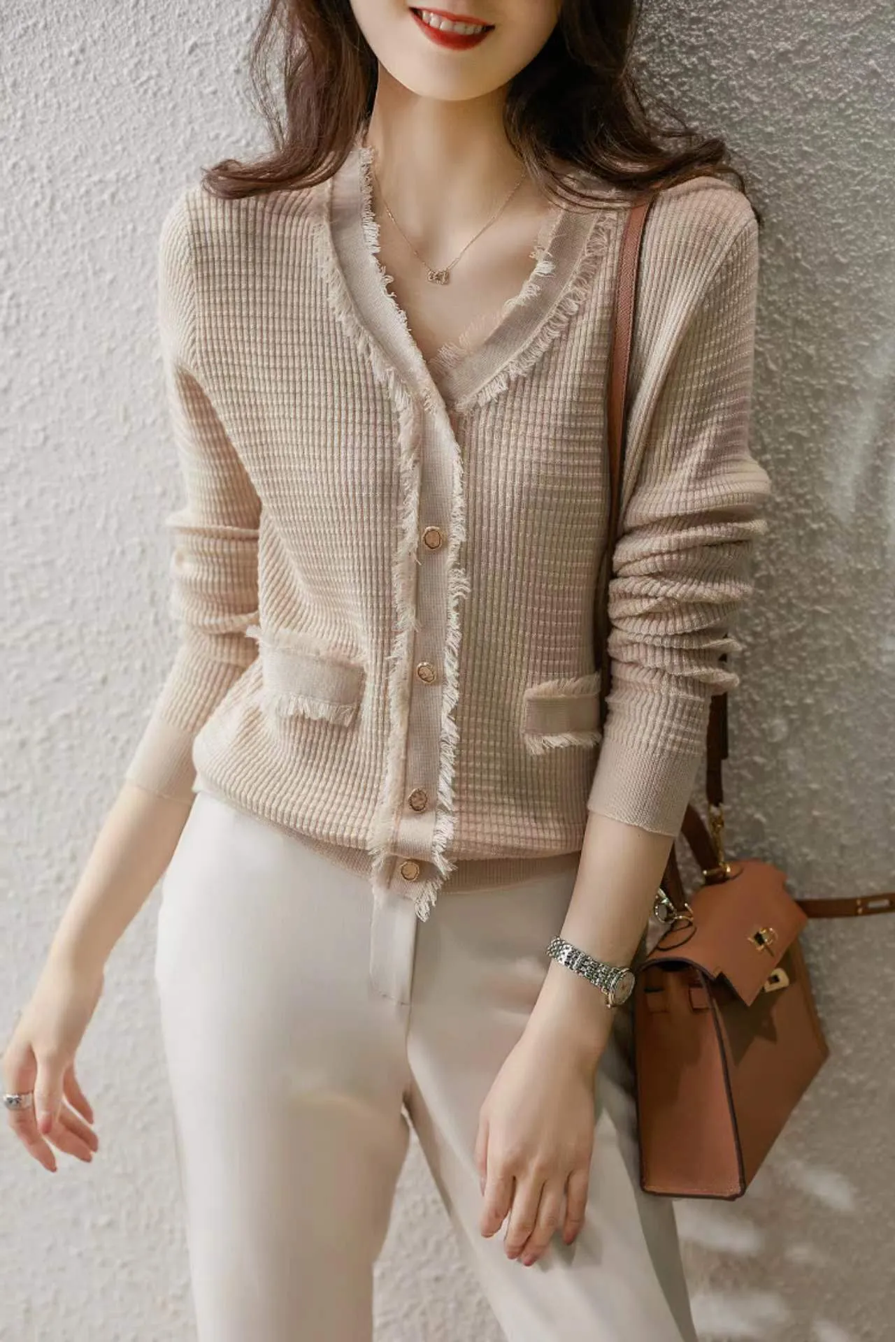 Fashionkova  European Station Early Autumn New V-Neck Fringe Wool Cardigan Women Loose And Slim Cashmere Coat