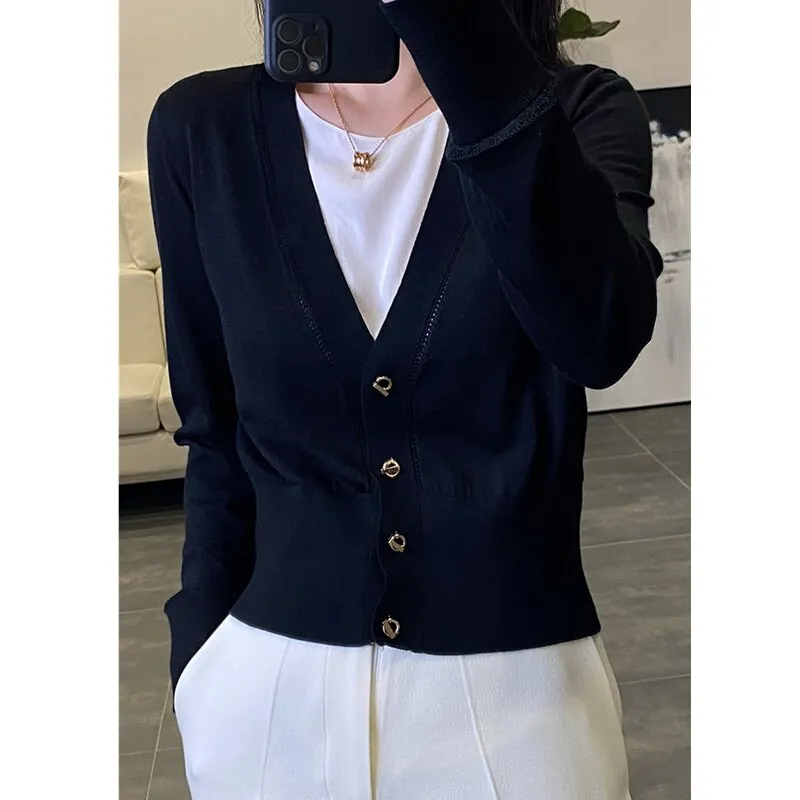 Fashionkova  Temperament Elegant Knitted Cashmere Cardigan Women's Sweater Thin Spring And Autumn V-Neck Loose Thin Short Wool Coat