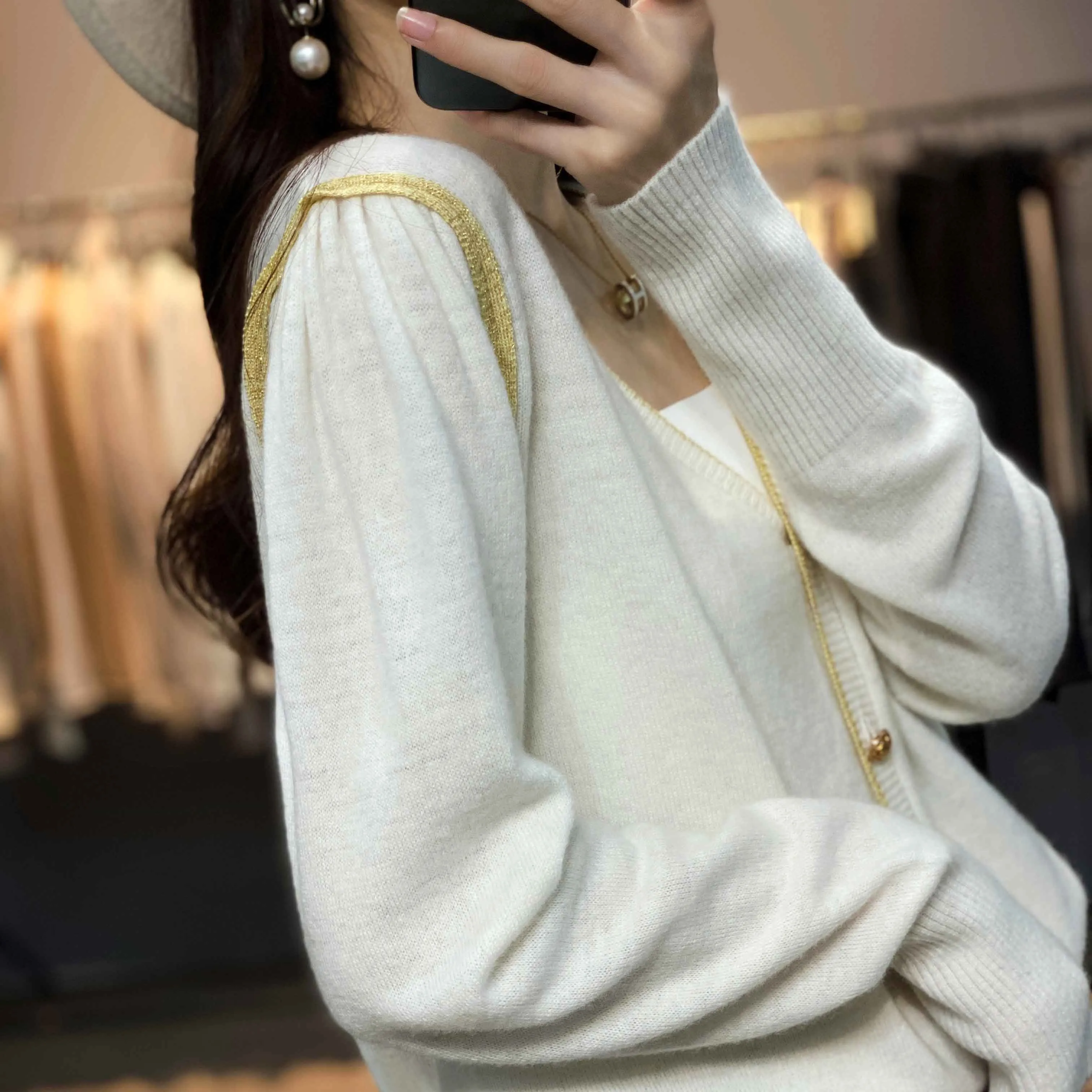 Fashionkova  Temperament Small Incense Wind Knitted Cashmere Cardigan Women Autumn Winter New V-Neck Loose Thin Sweater Short Wool Coat