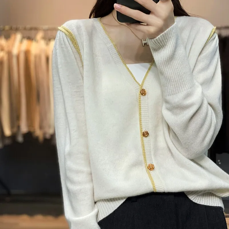 Fashionkova  Temperament Small Incense Wind Knitted Cashmere Cardigan Women Autumn Winter New V-Neck Loose Thin Sweater Short Wool Coat